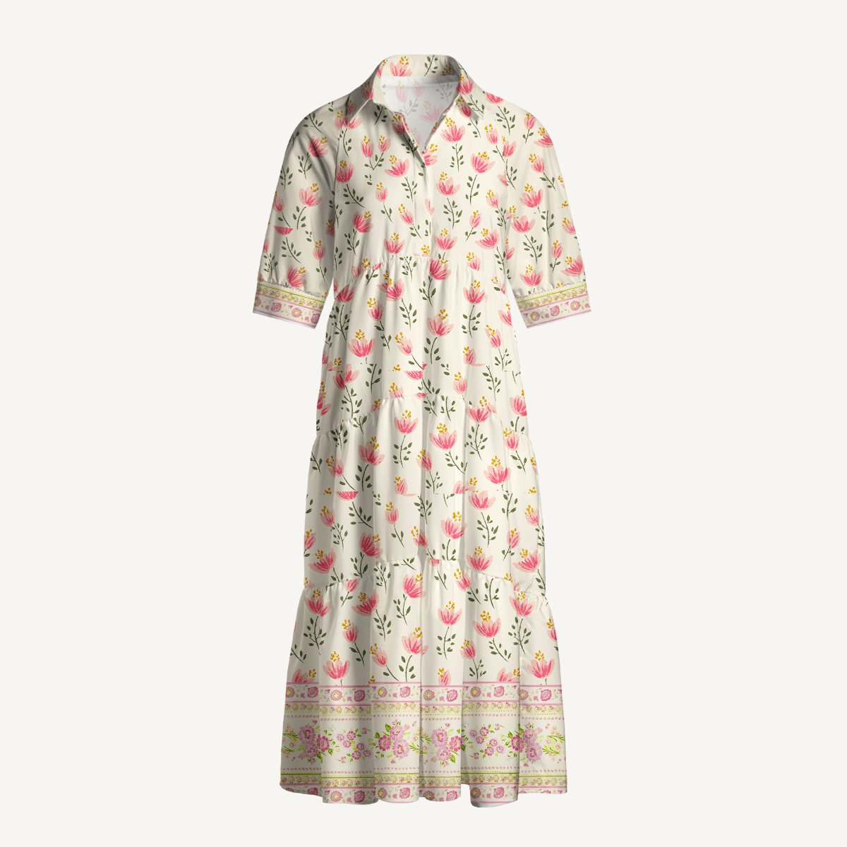 Pink Floral Border Elbow-Length Sleeve Midi Dress