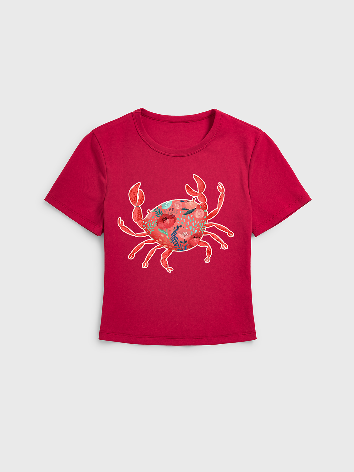 Floral Crab Print Crew Neck Cotton Tee