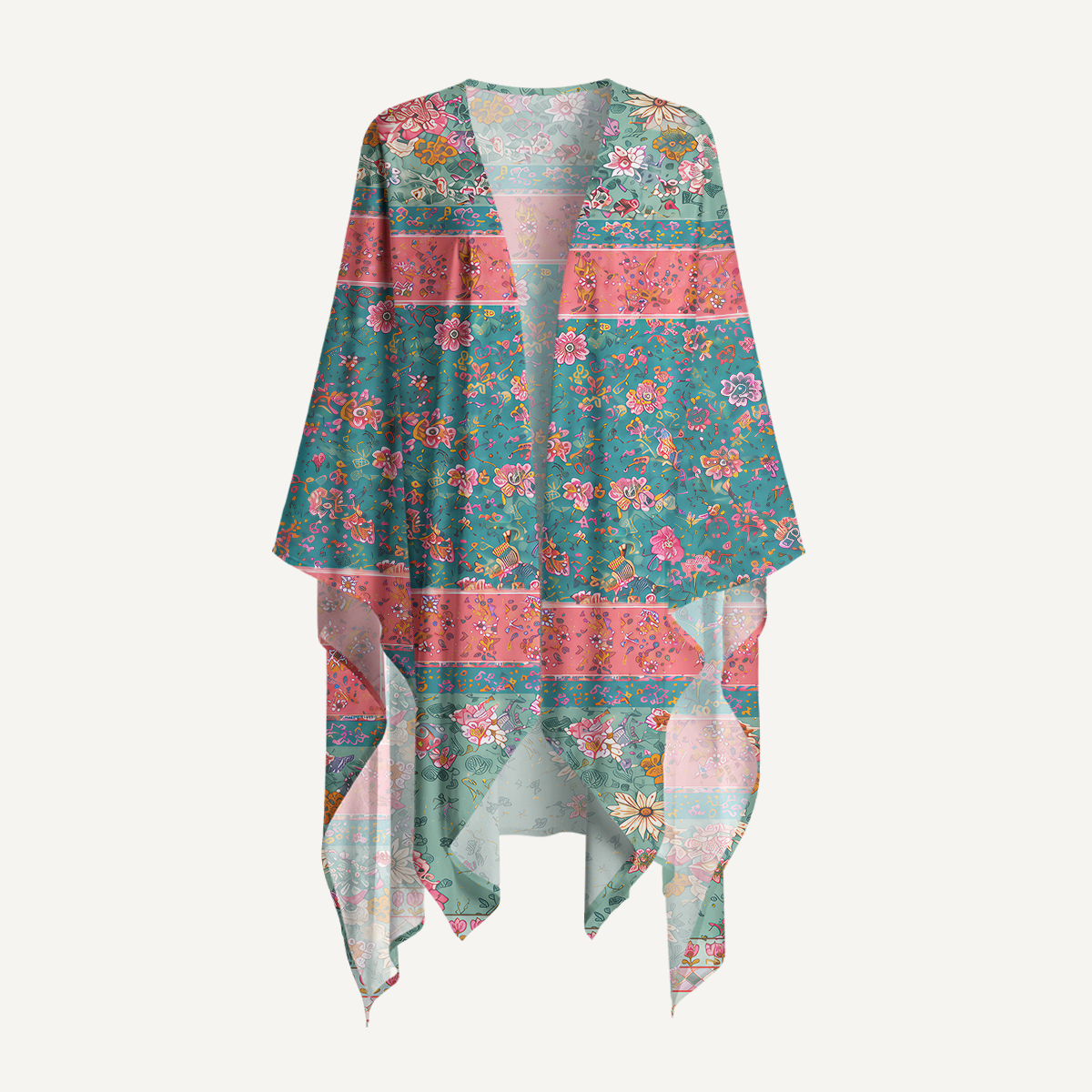 Coral Patchwork Garden Print Kimono Wrap