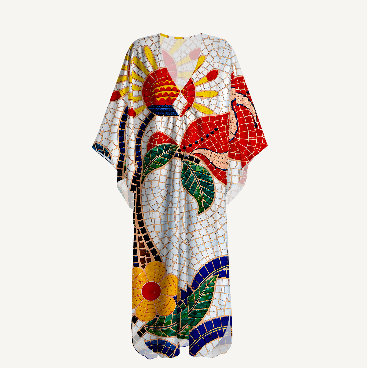 Gaudi Mosaic Red Bird Floral Kimono Sleeve Kaftan Dress