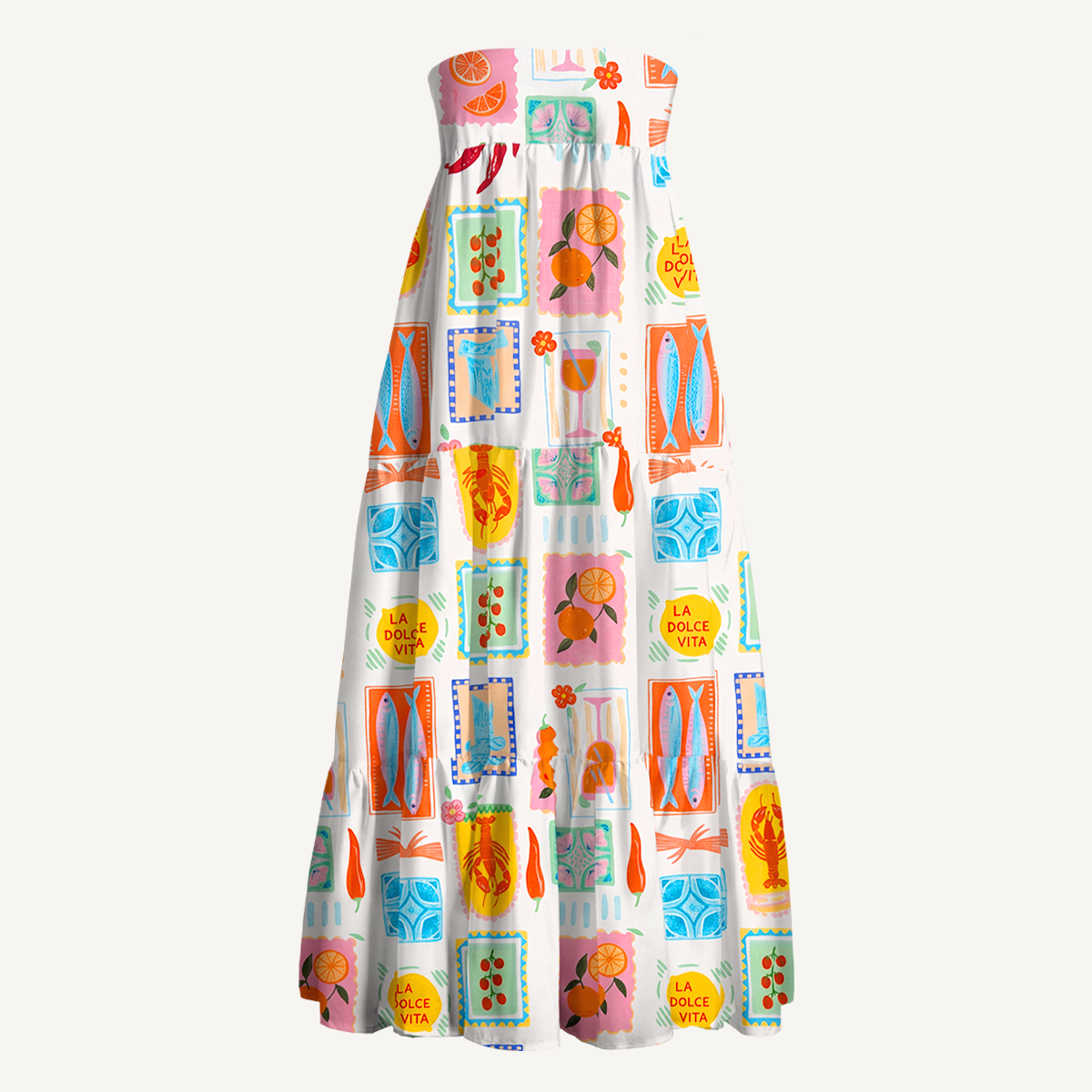 Tropical Stamp Print Maxi Skirt & Strapless Dress  