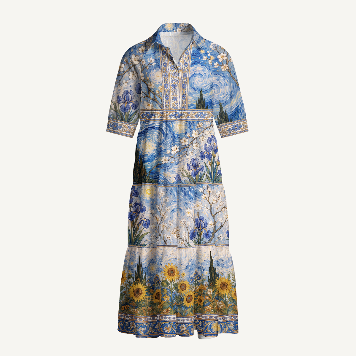 Starry Night Moonlit Garden Elbow-Length Sleeve Women Midi Dress