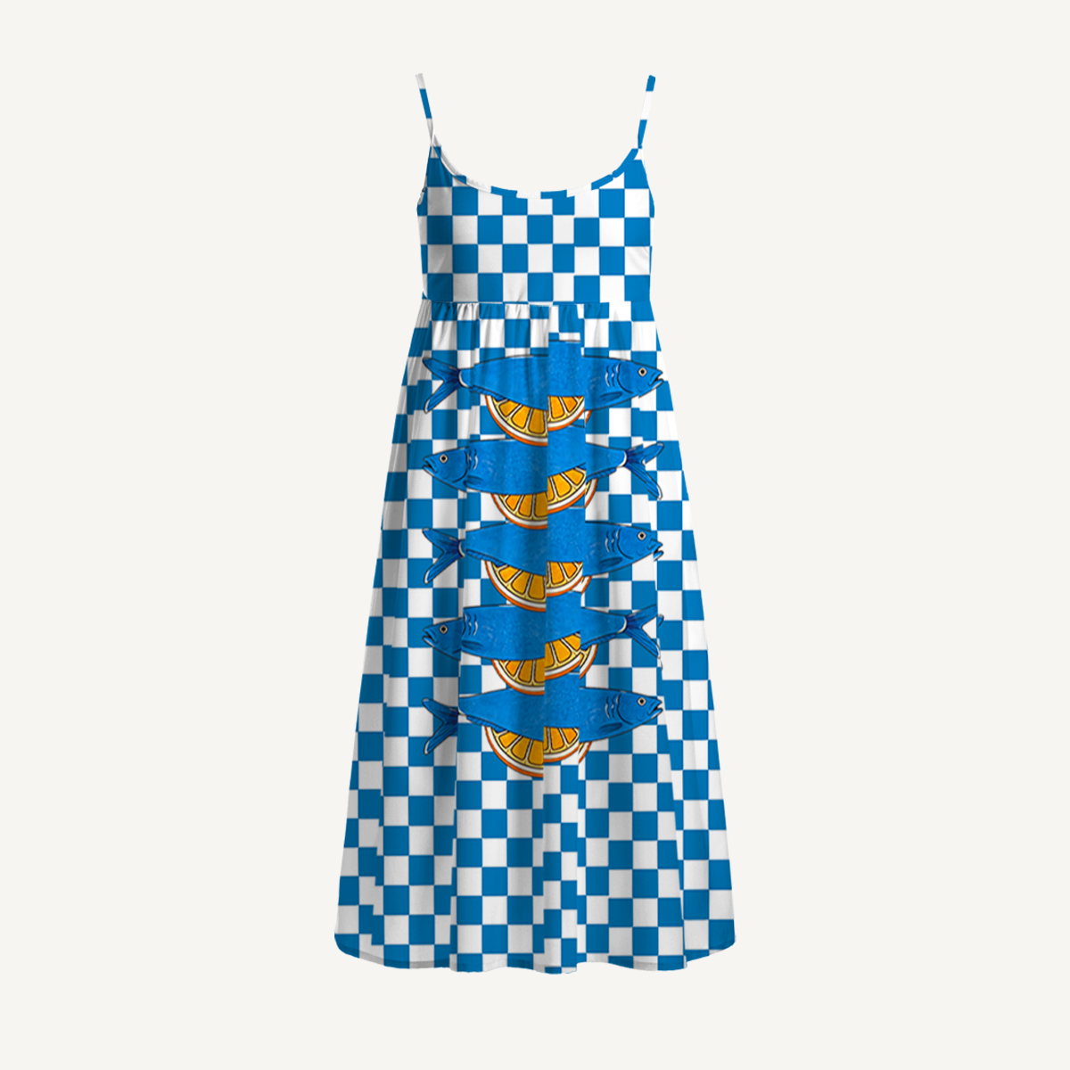 Blue Check Lemon Spaghetti Strap Mini Dress