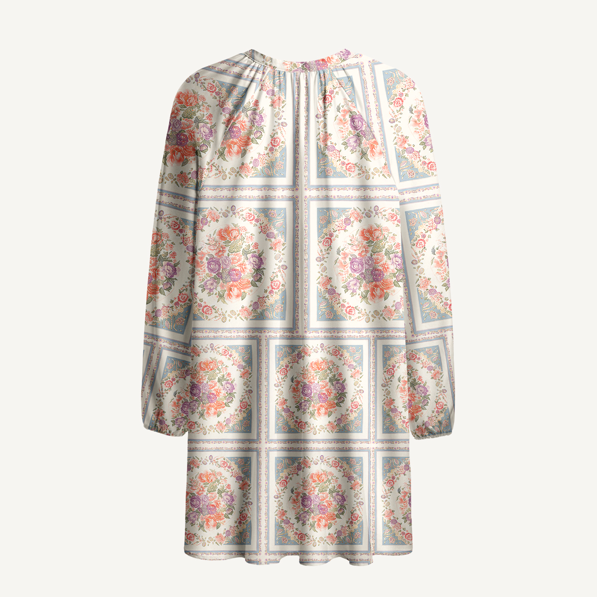 Floral Frame Tile Print Tie‑Neck Long Sleeve Mini Dress For Women