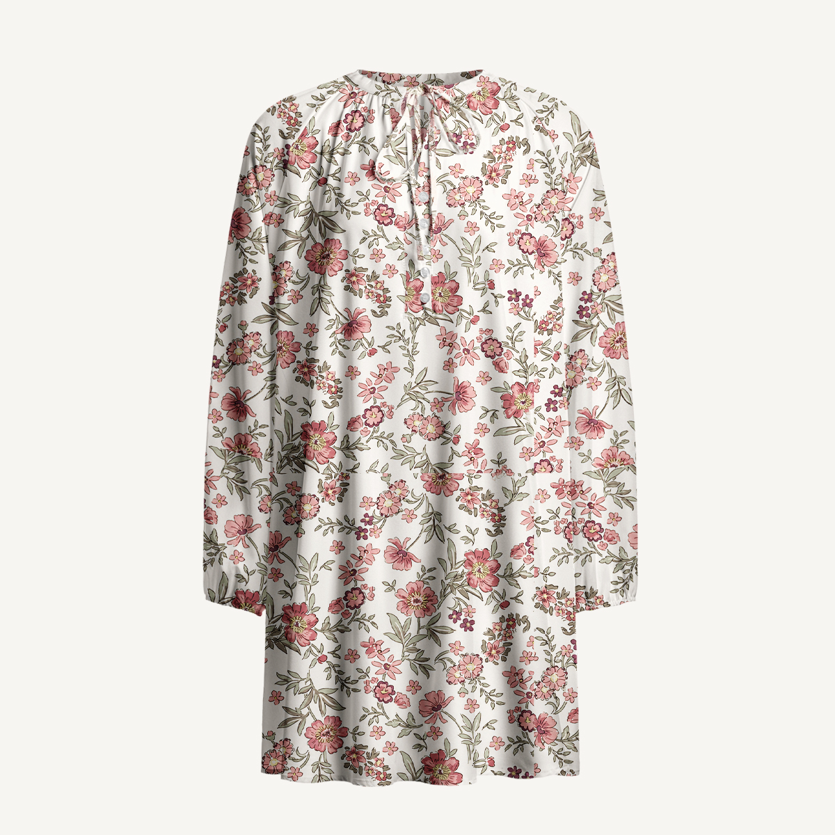 Pink Wildflower Meadow Tie‑Neck Long Sleeve Mini Dress