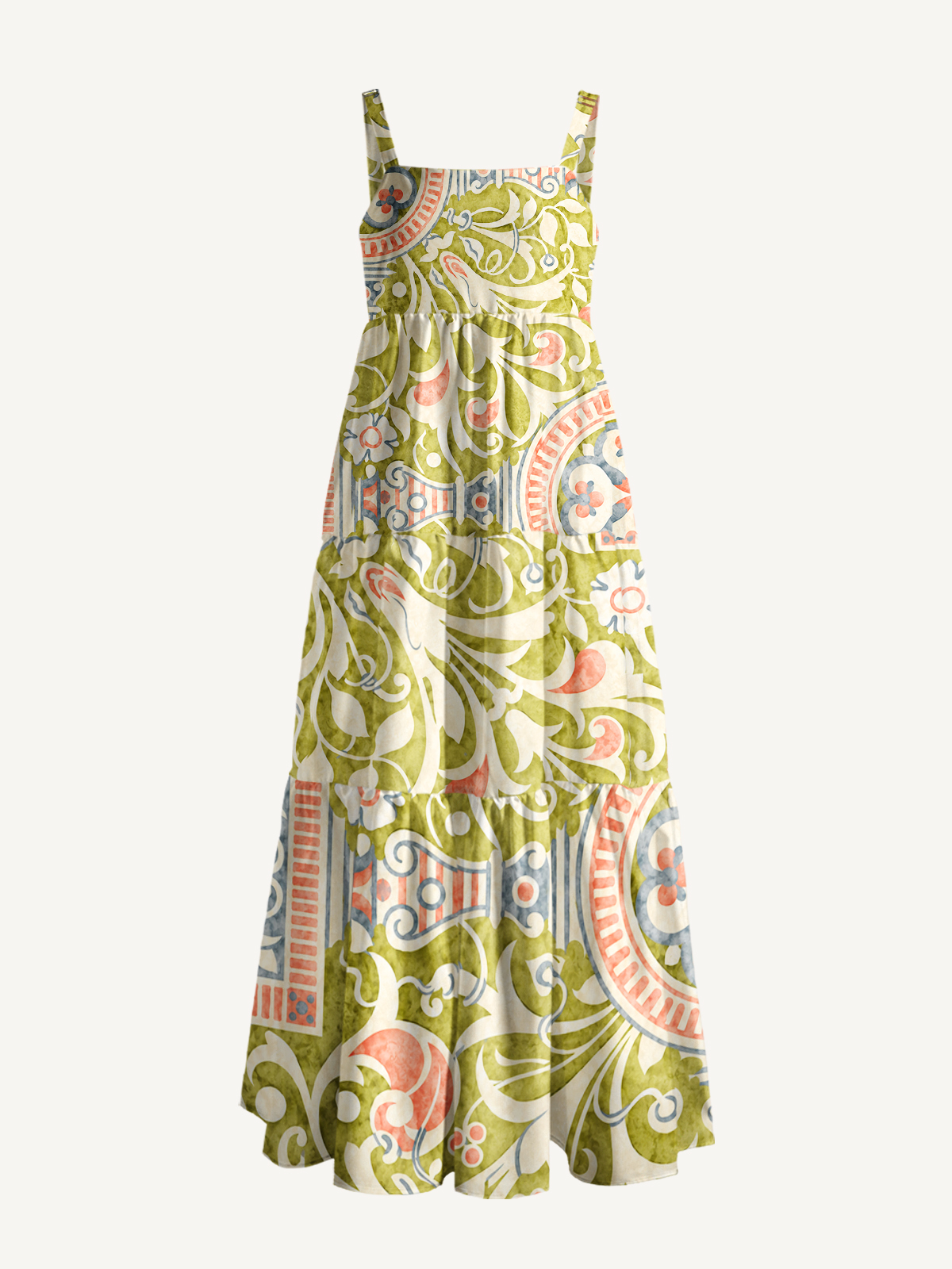 Vintage Olive Baroque Frame Strap Maxi Dress With Pockets