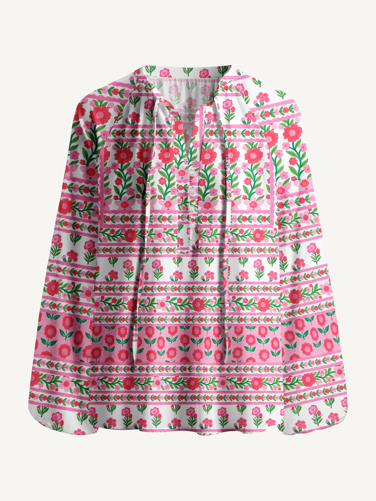 Rose Garden Stripe Floral Boho Long Sleeve Tie‑Neck Blouse