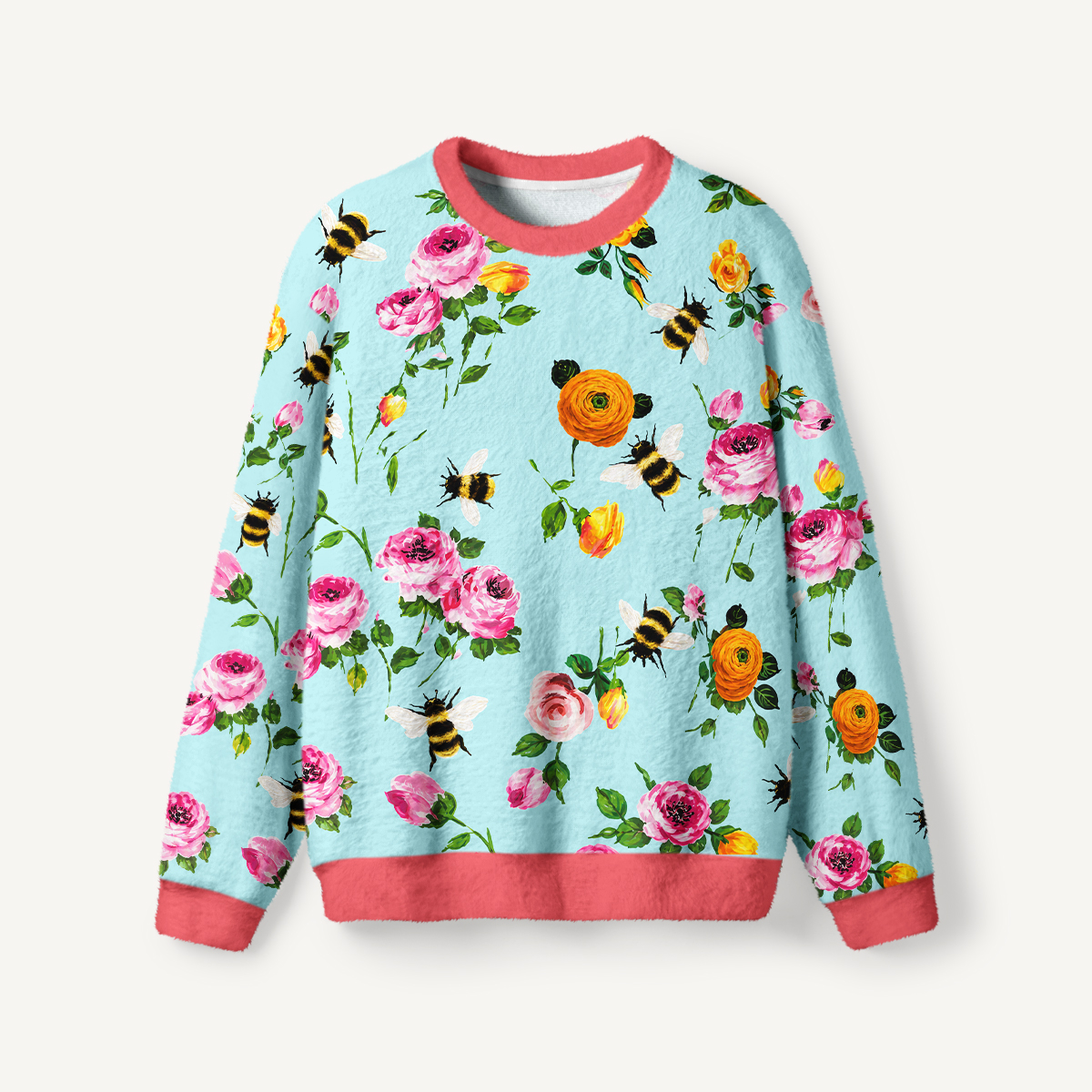 Pink Rose & Bumblebee Garden Print Crewneck Sweater