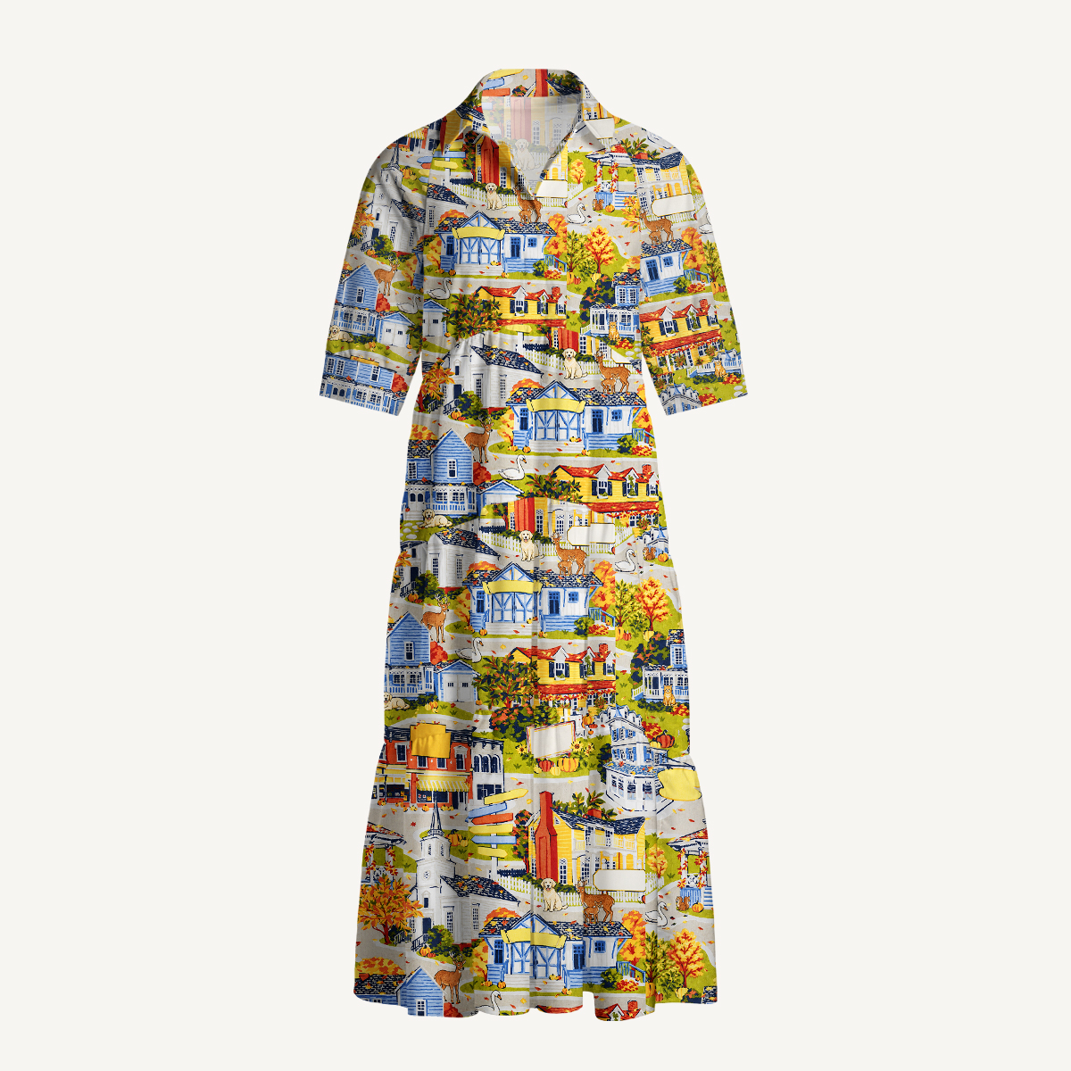 Autumn Village & Woodland Animals Elbow-Length Sleeve Midi Dress