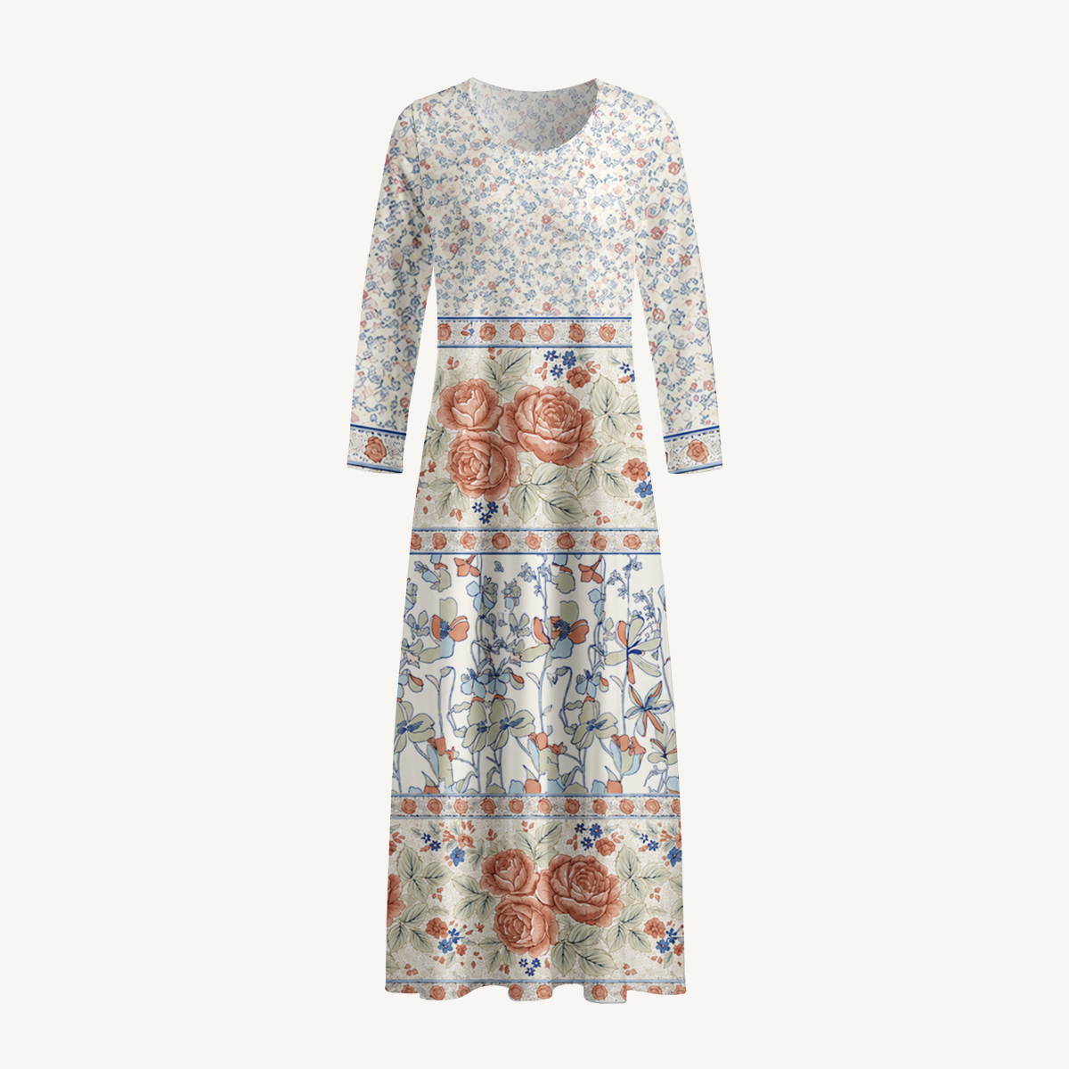 Wildflower & Rose Garden Print Long Sleeve Maxi Dress with Pockets