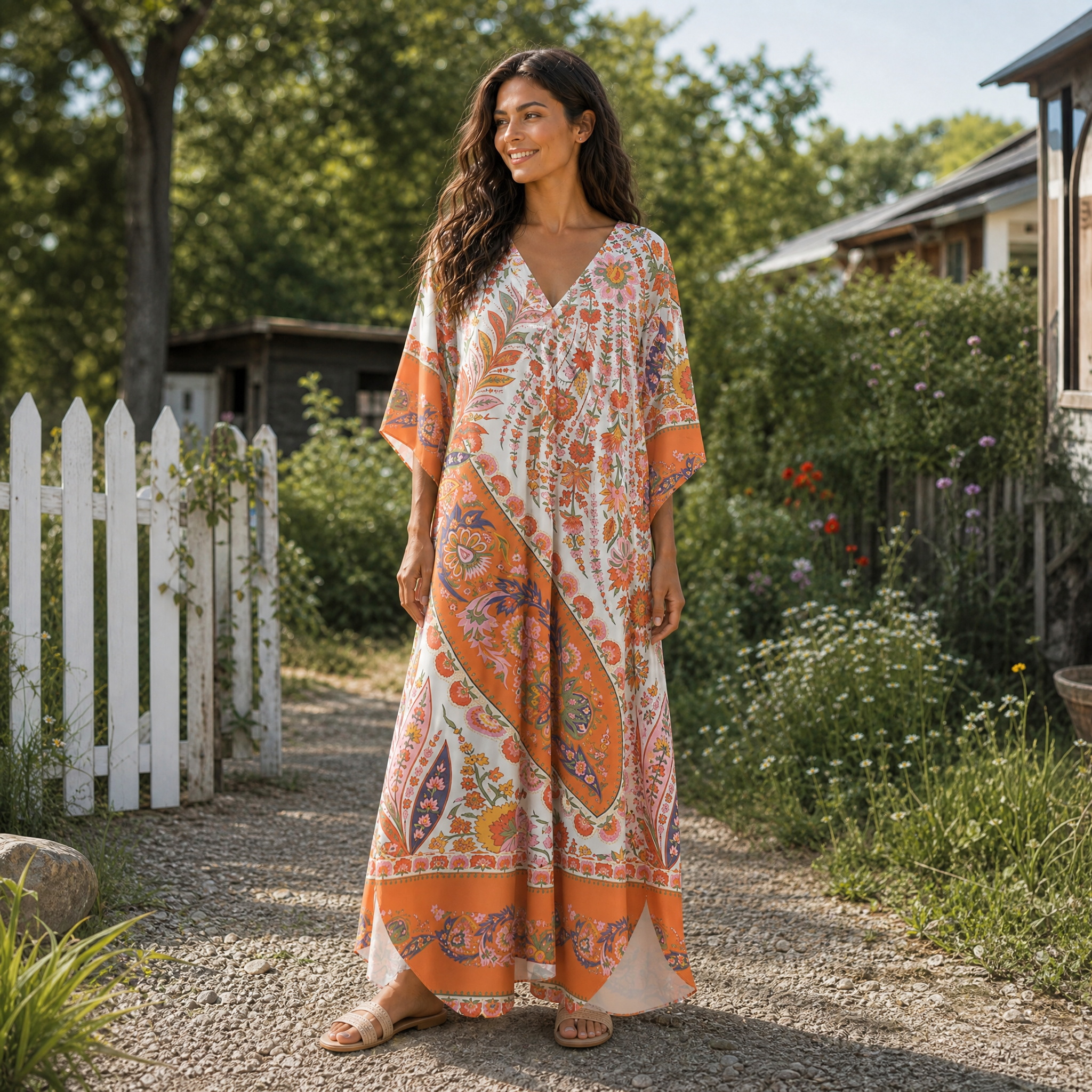 Coral Cascade Paisley Blossoms Soft Kaftan Maxi Dress