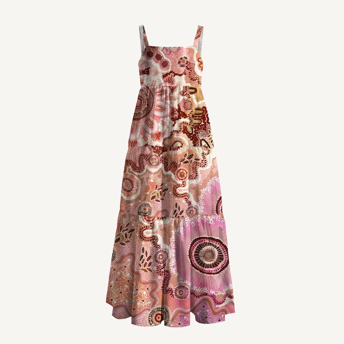 Boho Pink Tribal Sun Floral Print Strap Maxi Dress With Pockets