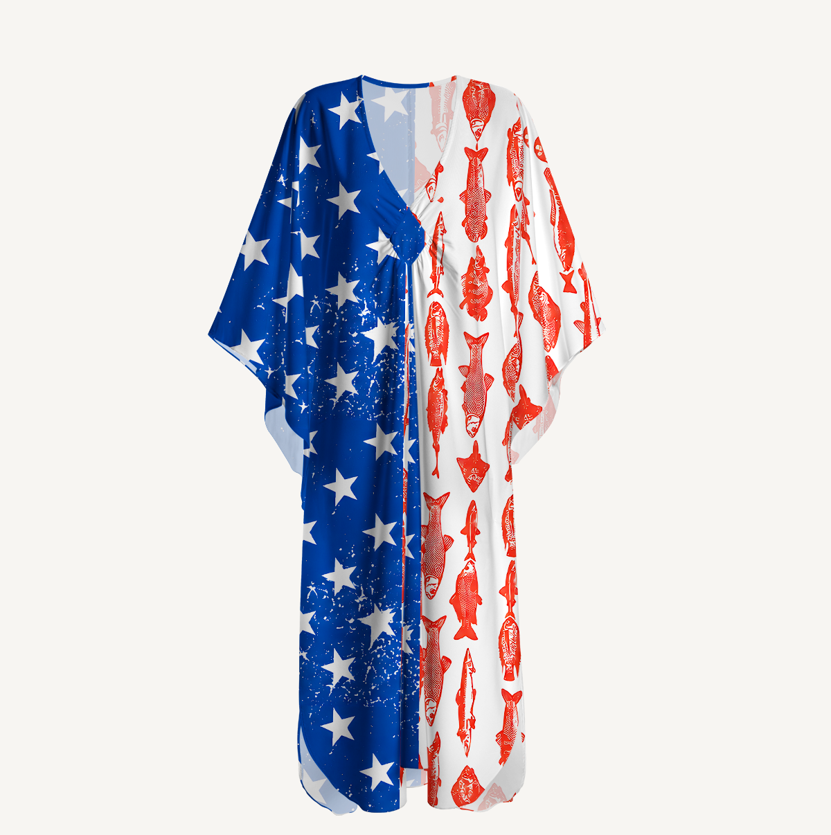 American Flag Fish Pattern Kimono Sleeve Kaftan Dress