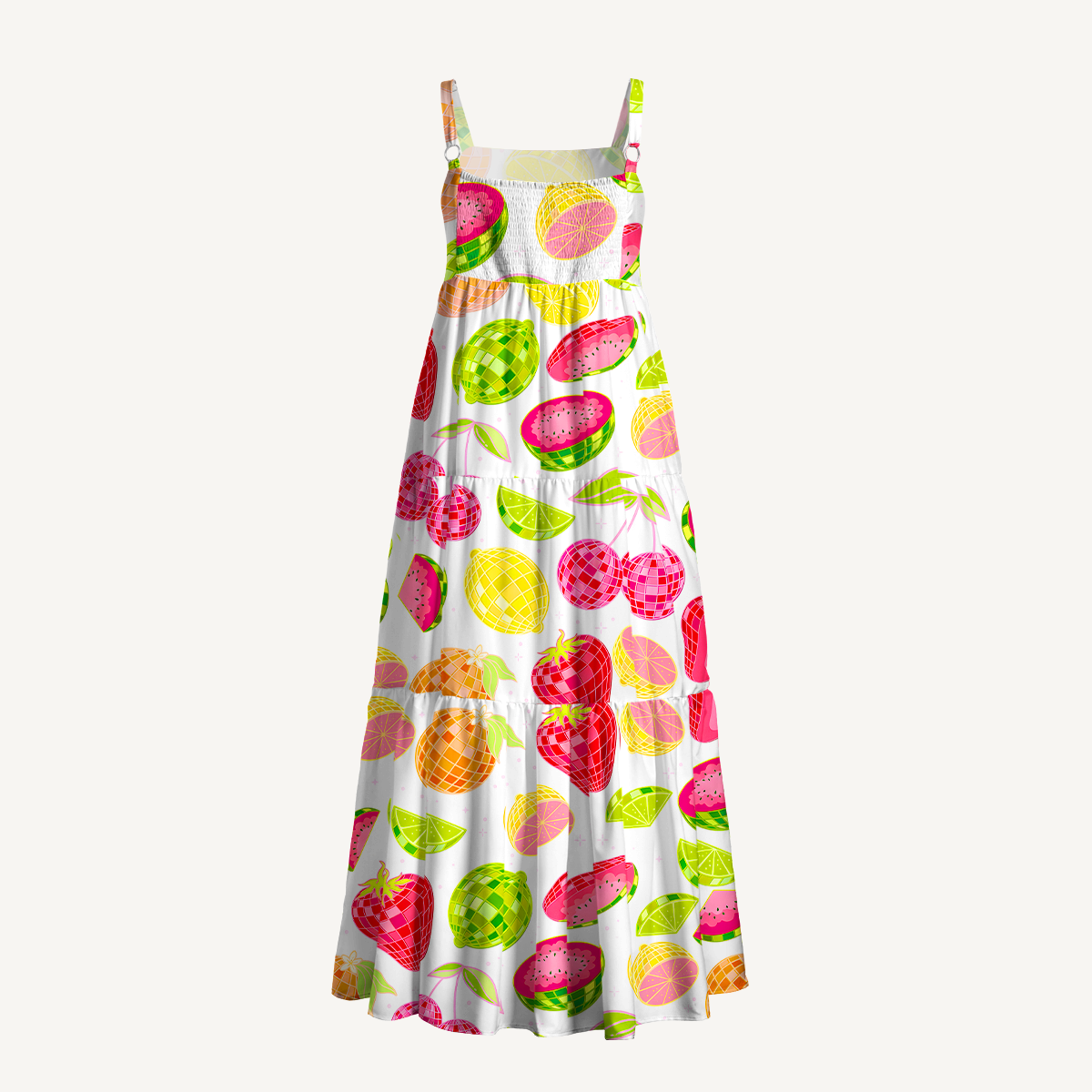 Tropical Fruit Market Print Soft Summer Maxi Dress With Pockets