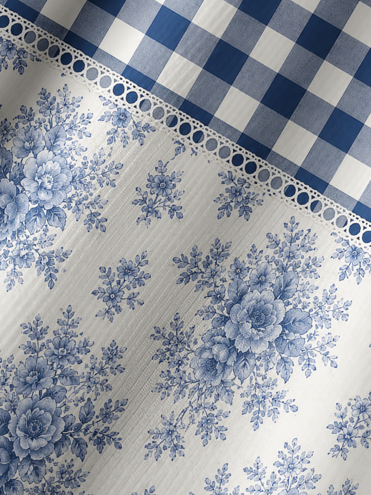 Blue Gingham Rose Toile Boho Long Sleeve Tie‑Neck Blouse