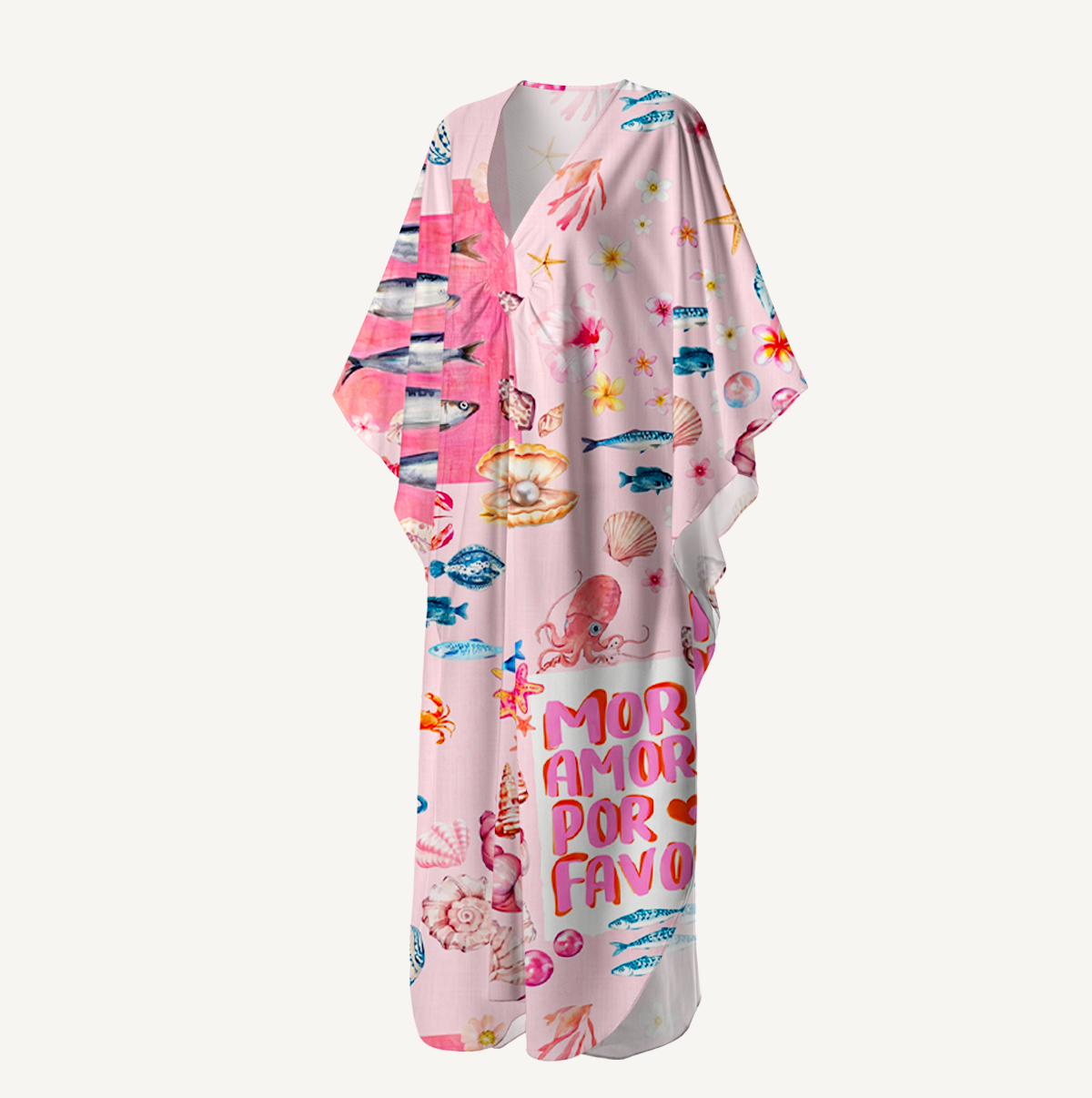 Pink Ocean Life Kimono Sleeve Kaftan Dress