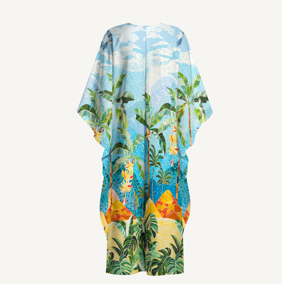 Rainforest Palm Tree Print Kimono Sleeve Kaftan Dress