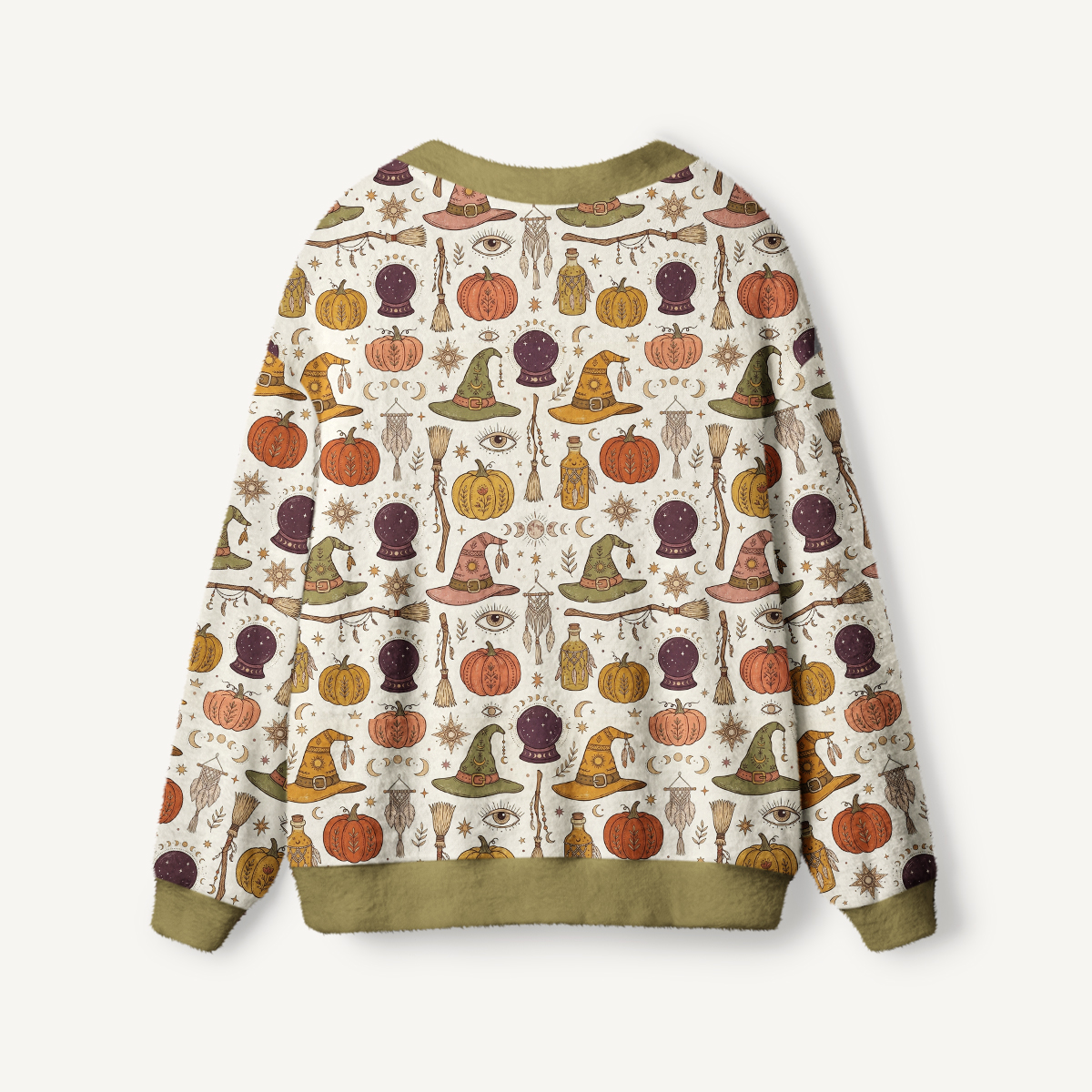 Boho Halloween Witchy Icons Pattern Buttons Women Cardigan Sweaters
