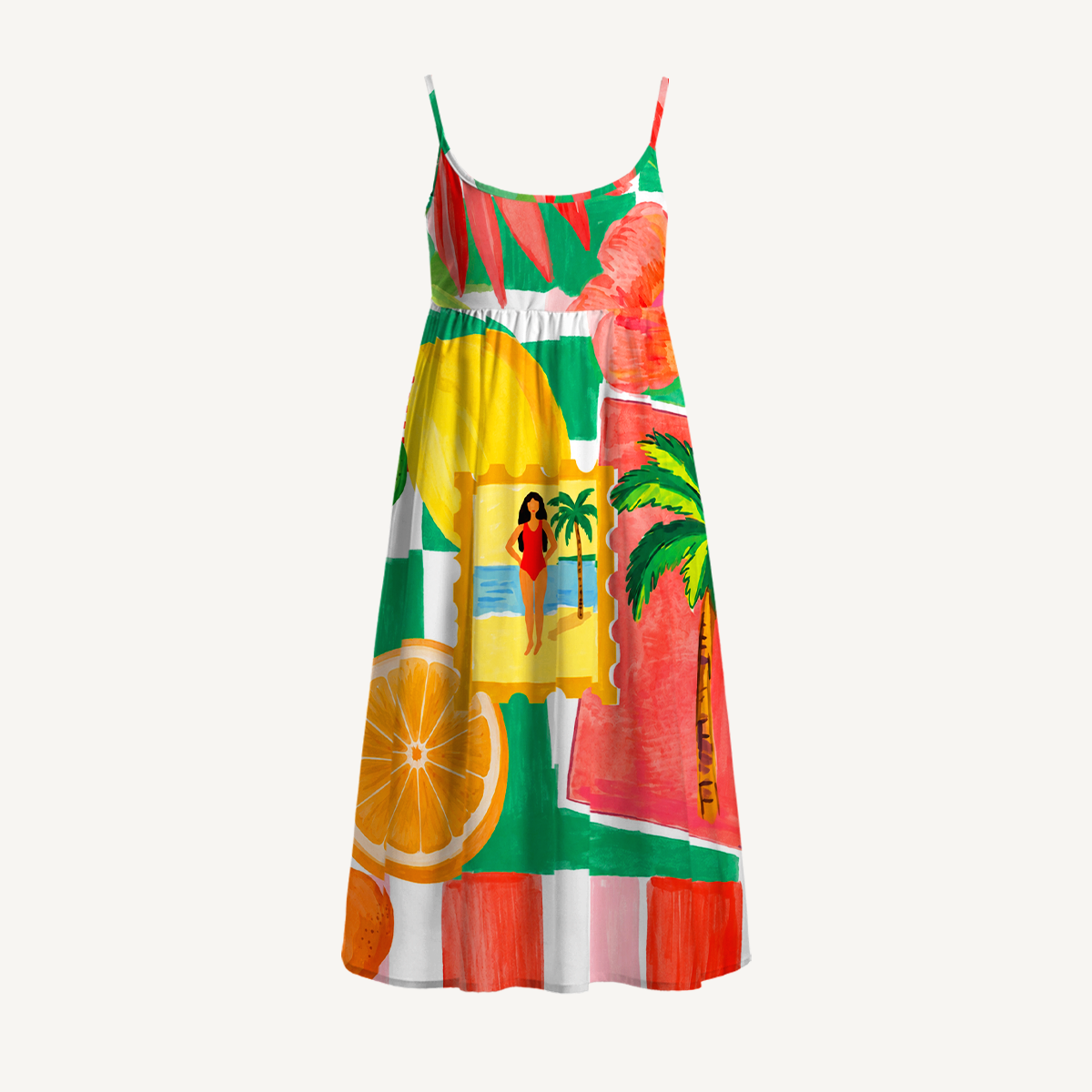 Tropical Floral & Palm Patchwork Spaghetti Strap Mini Dress