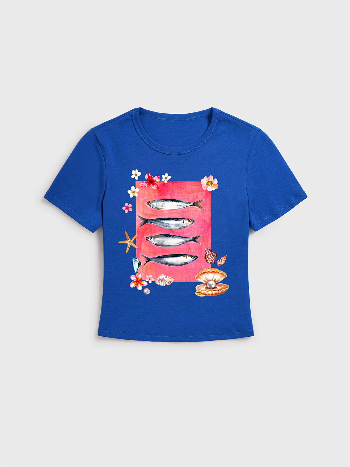 Pink Ocean Life Print Crew Neck Cotton Tee