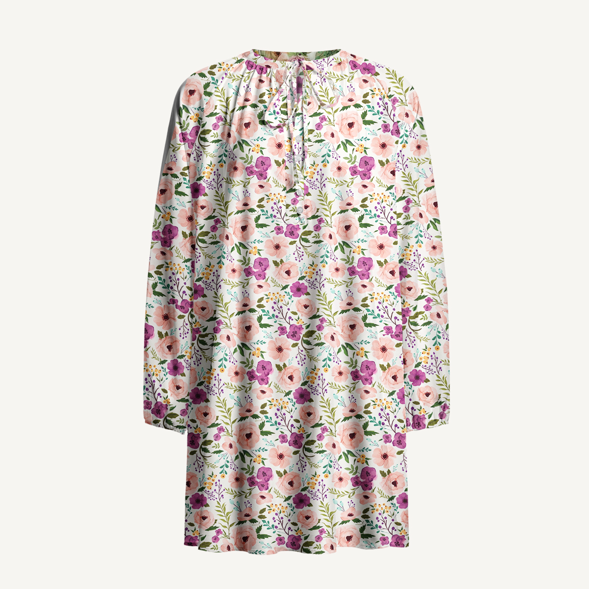 Pink and Purple Wildflower Tie‑Neck Long Sleeve Mini Dress For Women