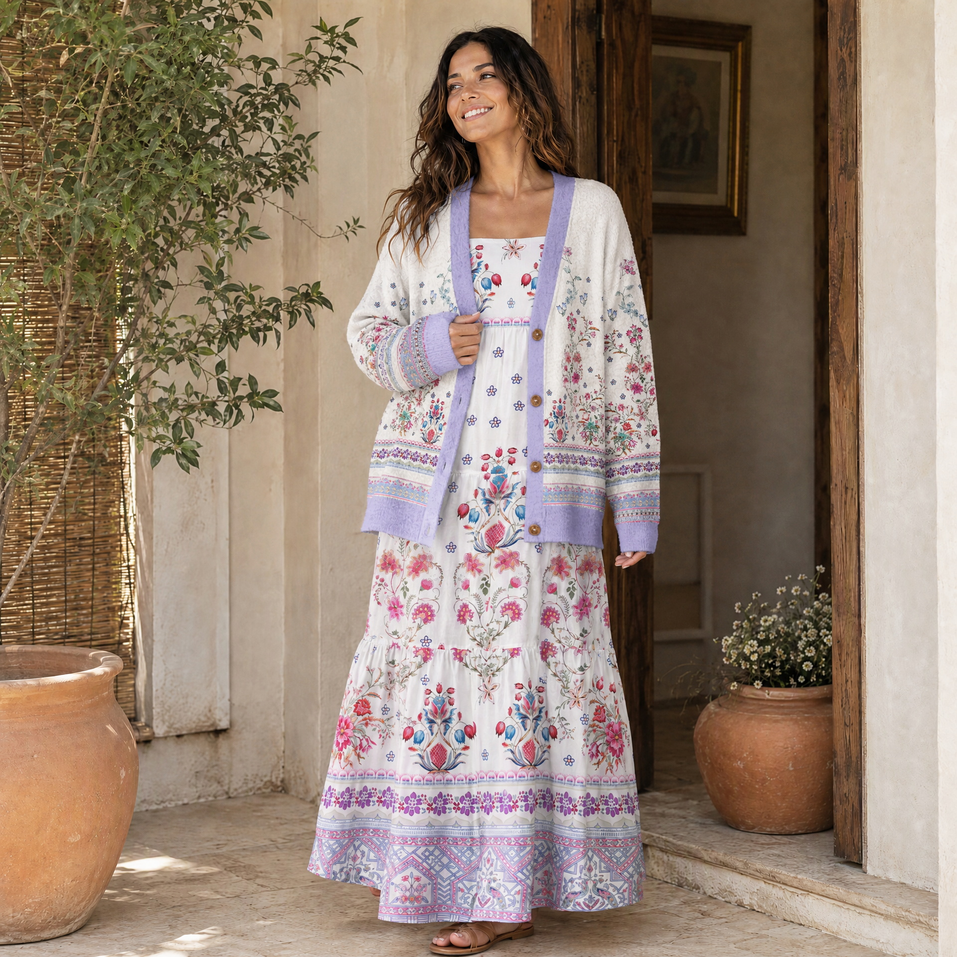 Boho Symmetric Floral Bouquet Border Pattern Strap Maxi Dress With Pockets