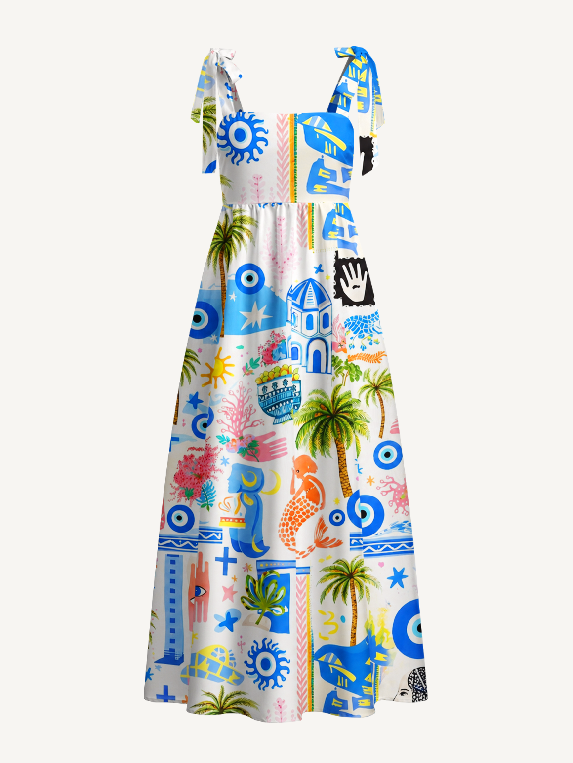 Greek Island Charms Pattern Bow Strap Maxi Dress