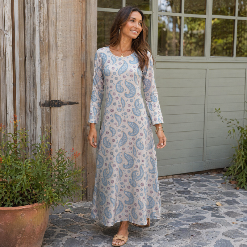 Blue Vintage Paisley Print Soft-Touch Stretch Knit Long Sleeve Maxi Dress with Pockets