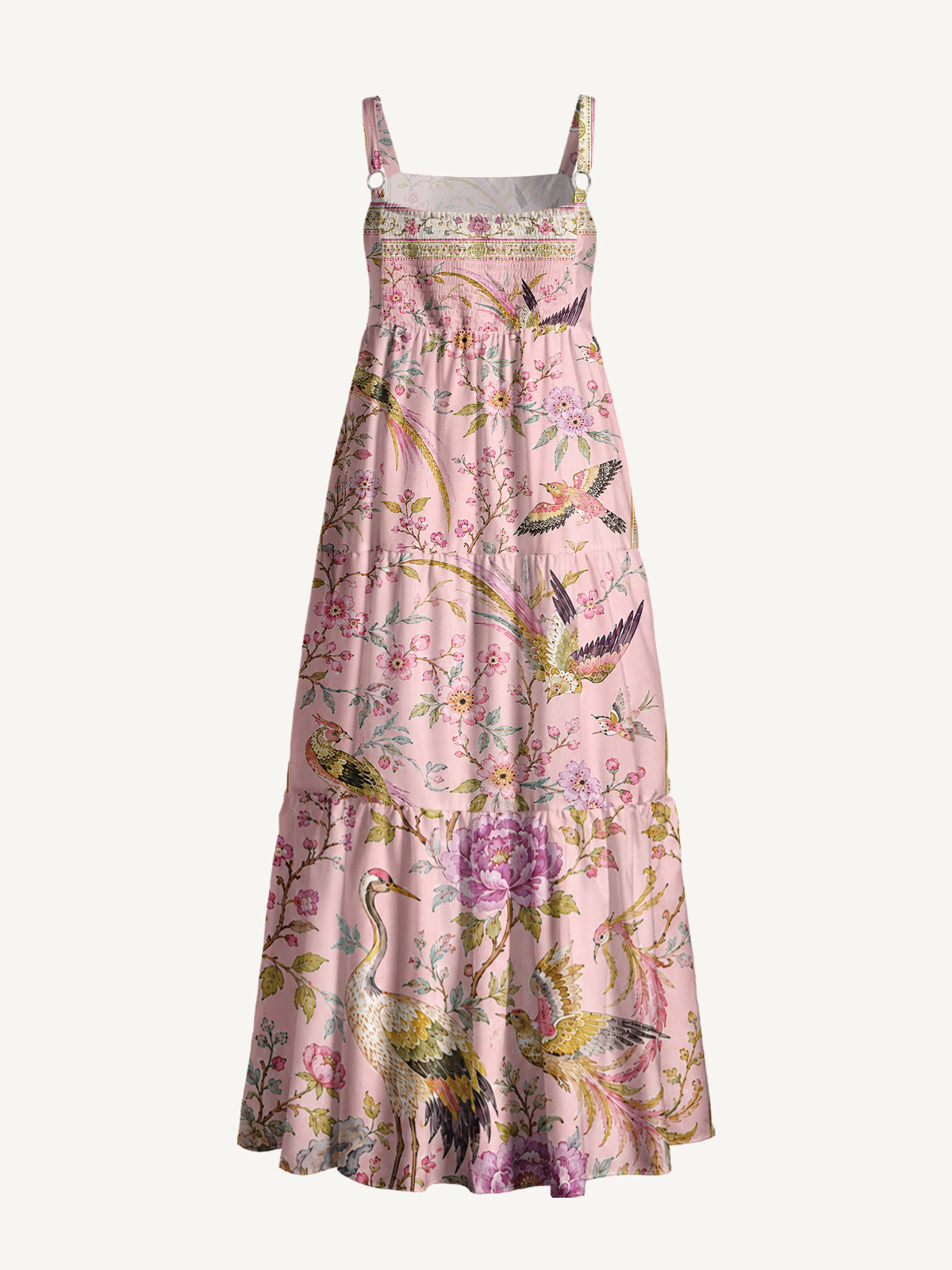 Pink Oriental Crane Garden Strap Maxi Dress With Pockets