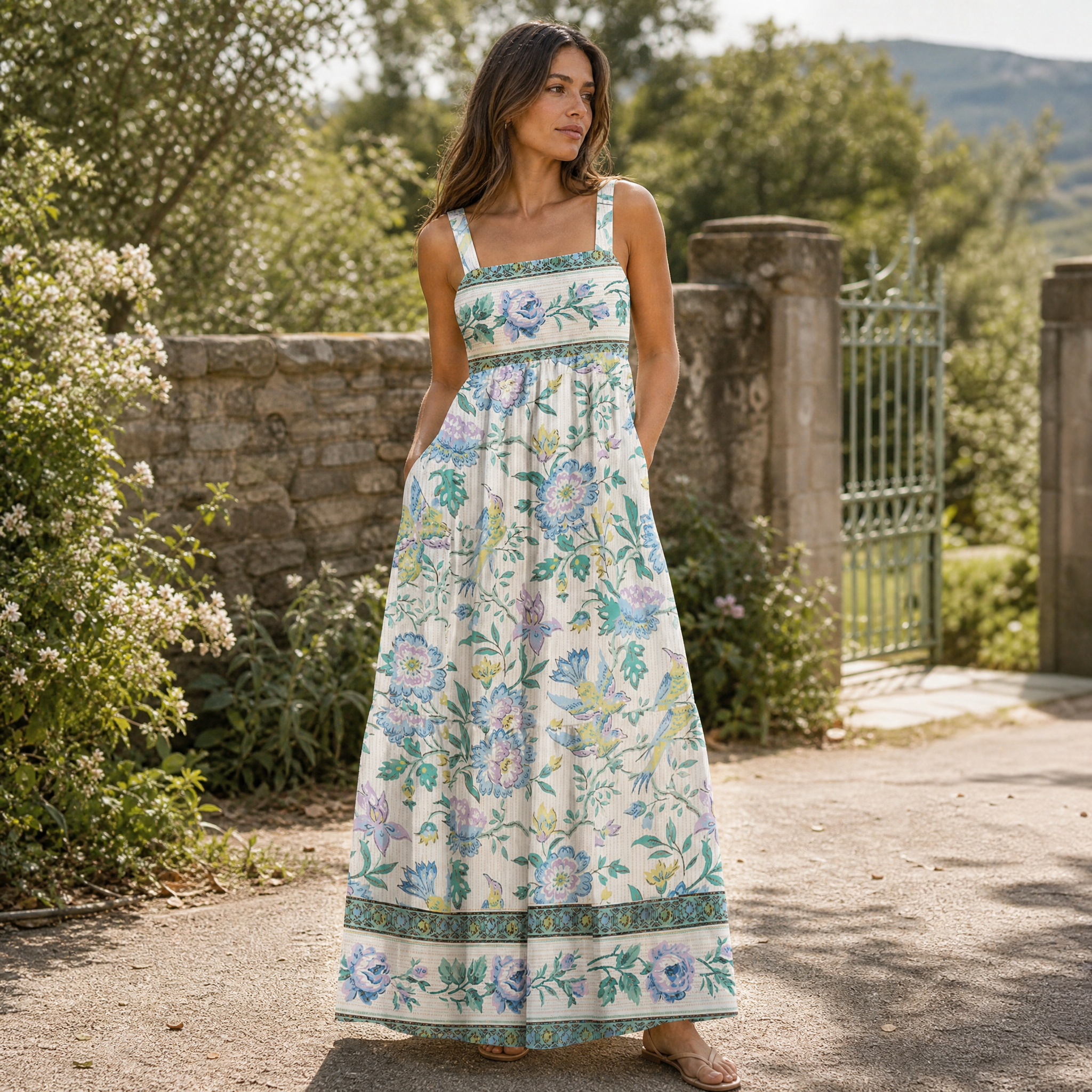 Boho Dual-Tone Birdsong Floral Pattern Strap Maxi Dress With Pockets