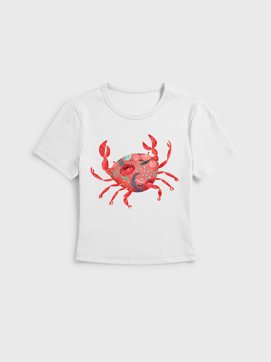 Floral Crab Print Crew Neck Cotton Tee