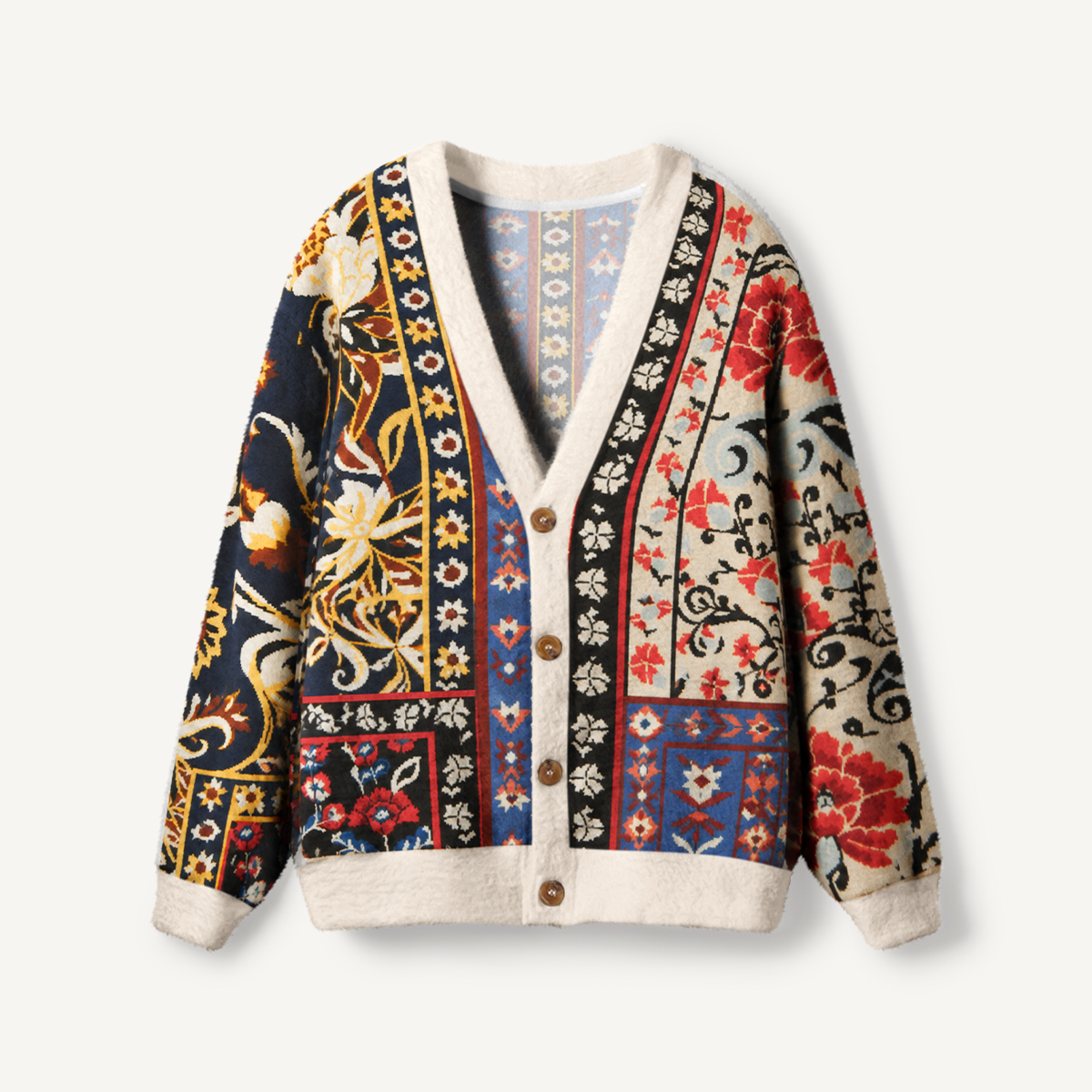 Vintage Ornamental Floral Patchwork Buttons Cardigan Sweaters