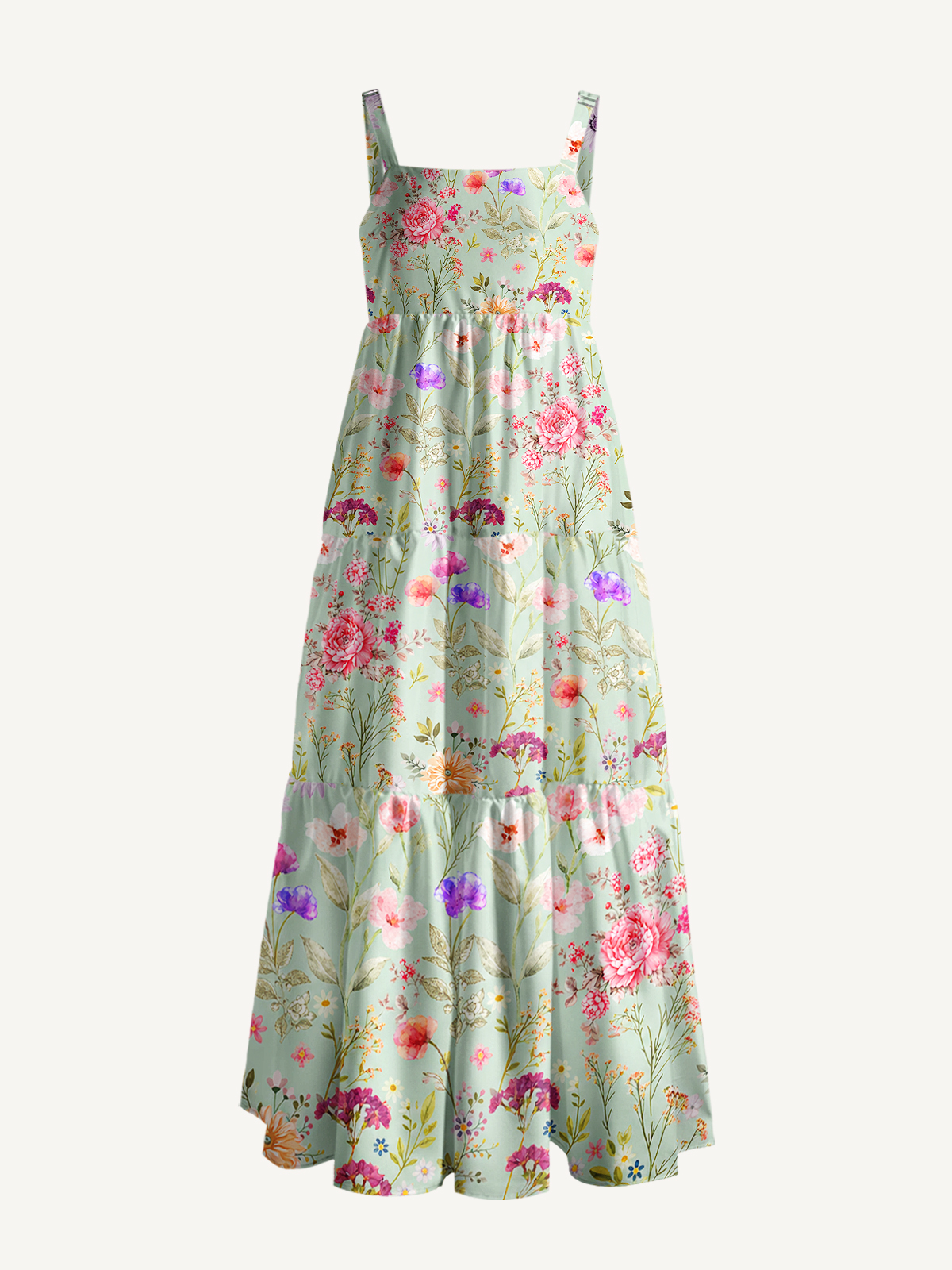 Sage Green Watercolor Meadow Strap Maxi Dress With Pockets