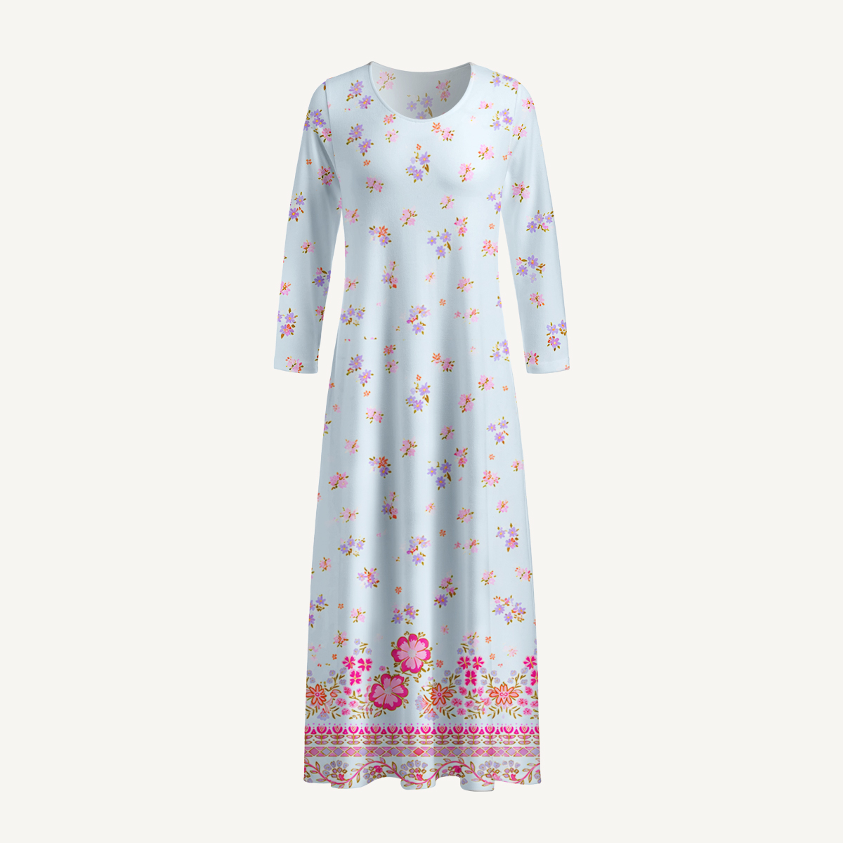 Pink Petal Cascade Long Sleeve Maxi Dress with Pockets