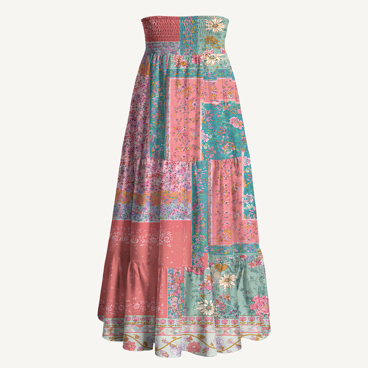 Coral Patchwork Garden Print Convertible Maxi Skirt & Strapless Dress