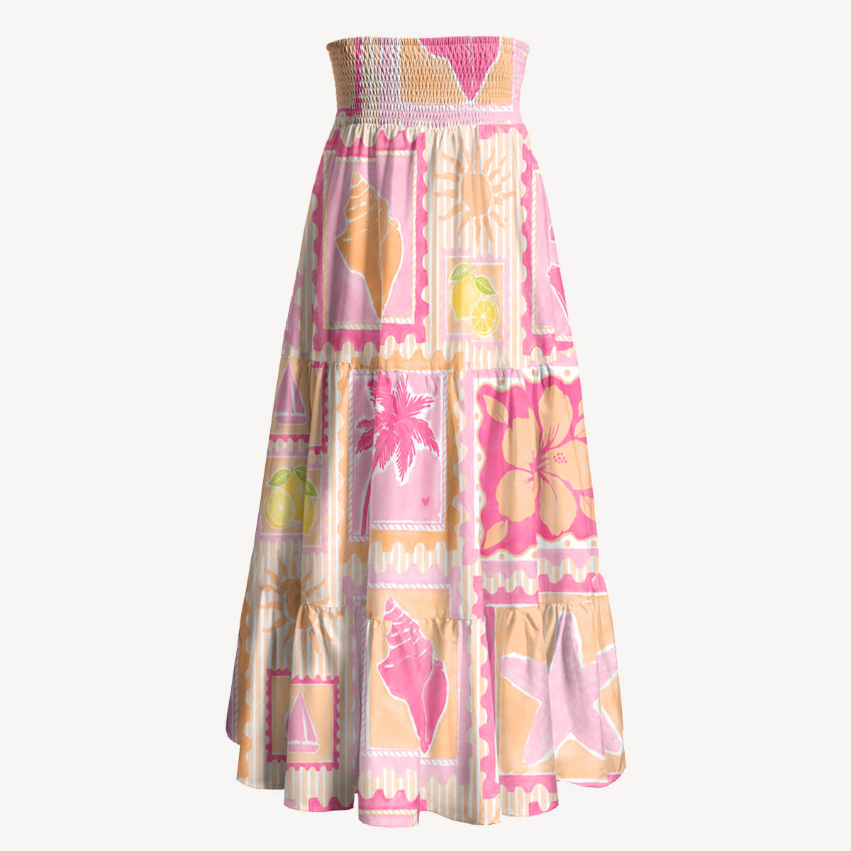 Coral Beach Postcard Print Maxi Skirt & Strapless Dress  