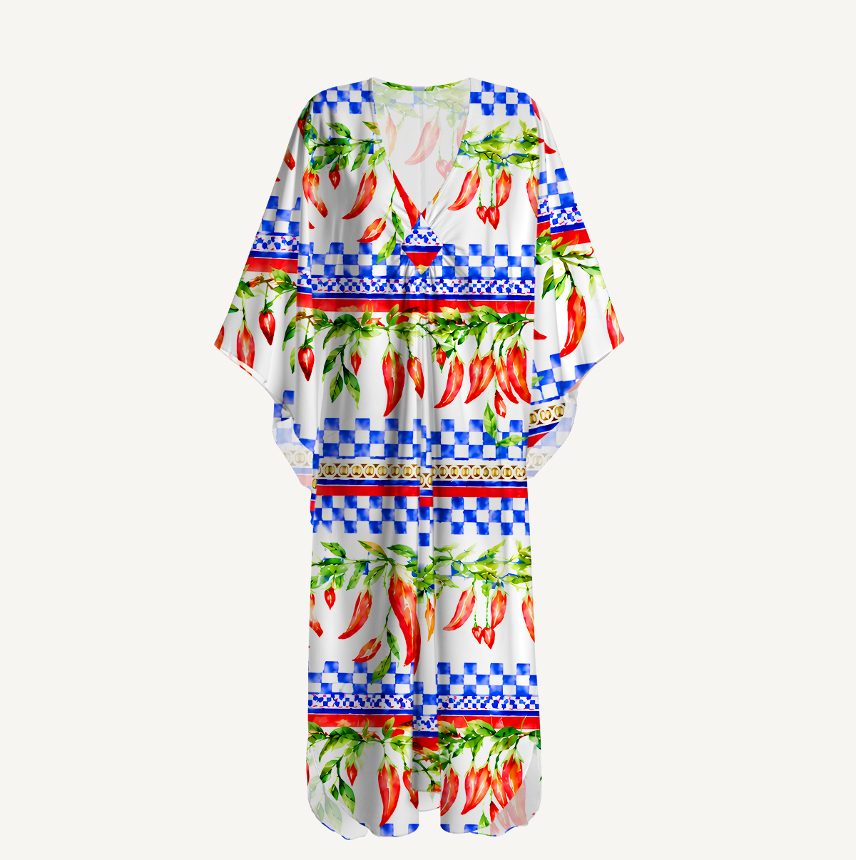 Chili Vines and Checkered Stripes Kimono Sleeve Kaftan Dress