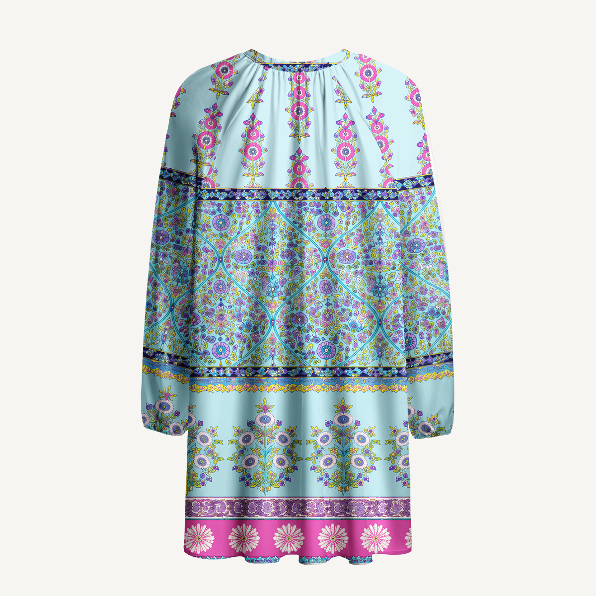 Turquoise Palace Blooms Tie‑Neck Long Sleeve Mini Dress