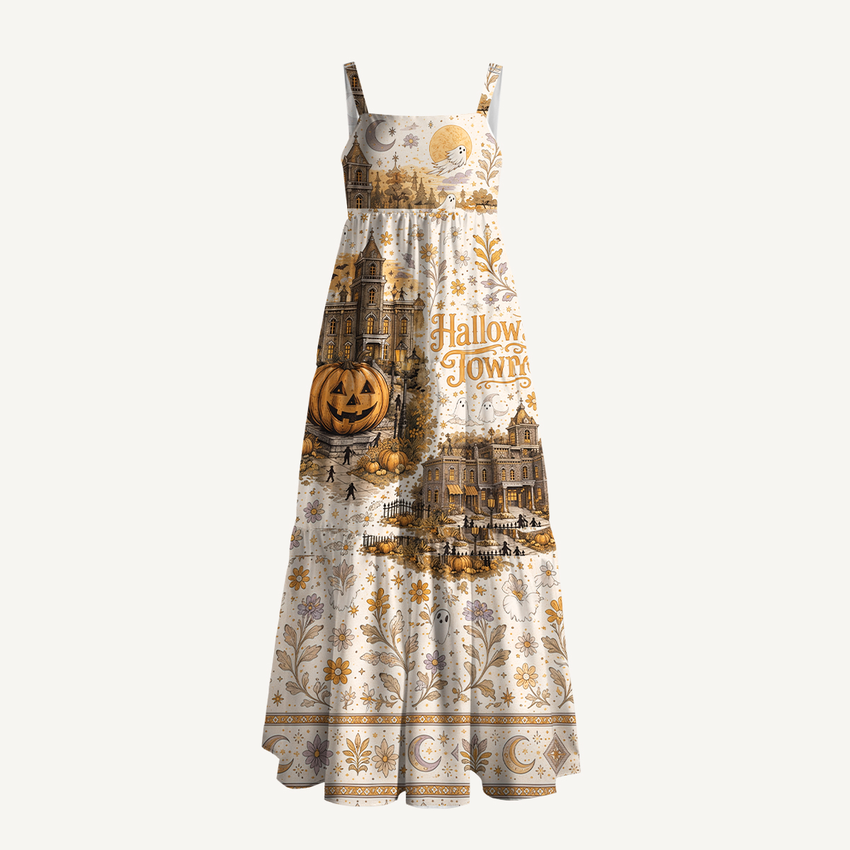 Haunted Village Pumpkin Print Halloween Strap Maxi Dress With Pockets