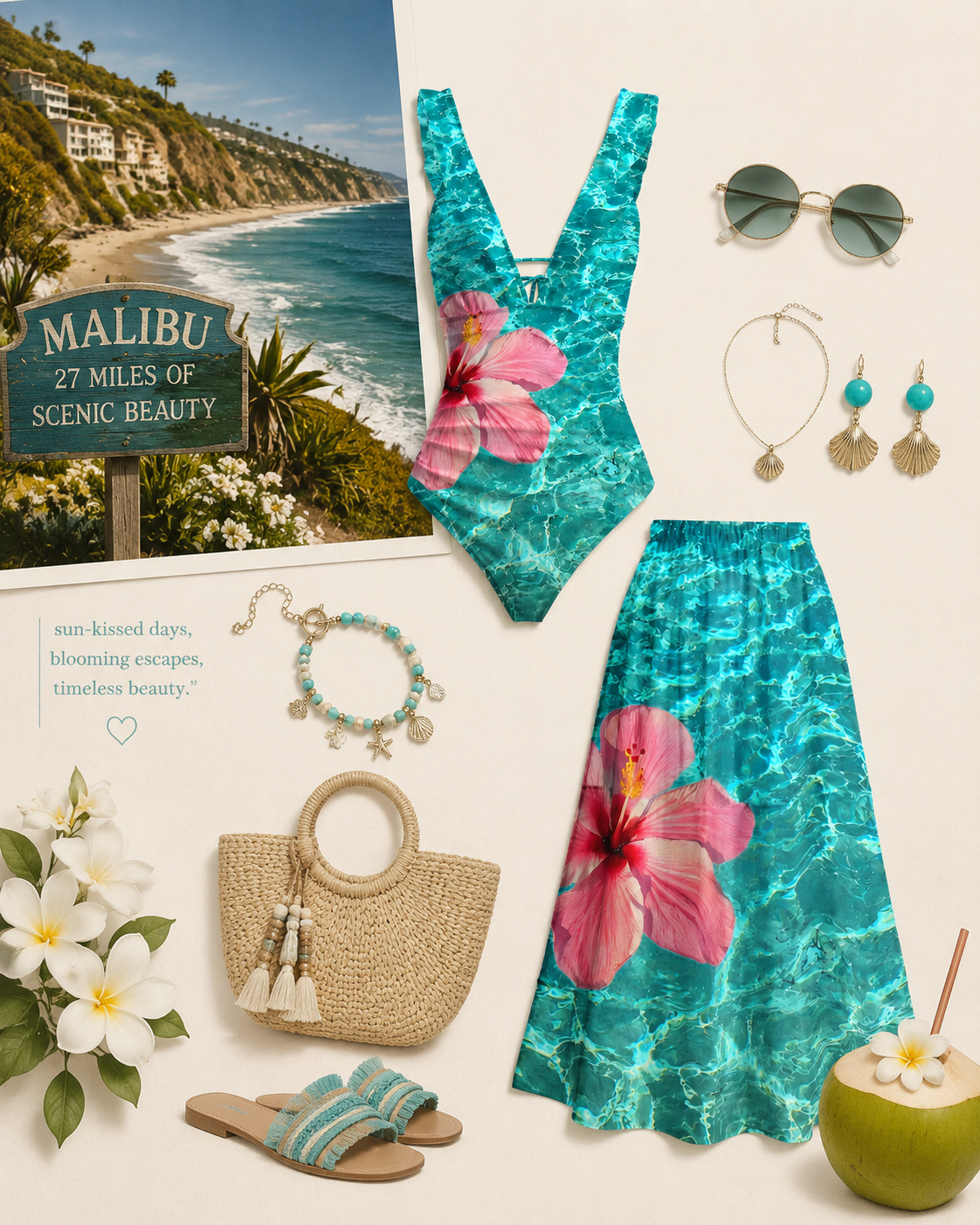 Hibiscus On The Sea Print Ruffled V Neck One Piece Swimsuit and Matching Midi Skirt Set