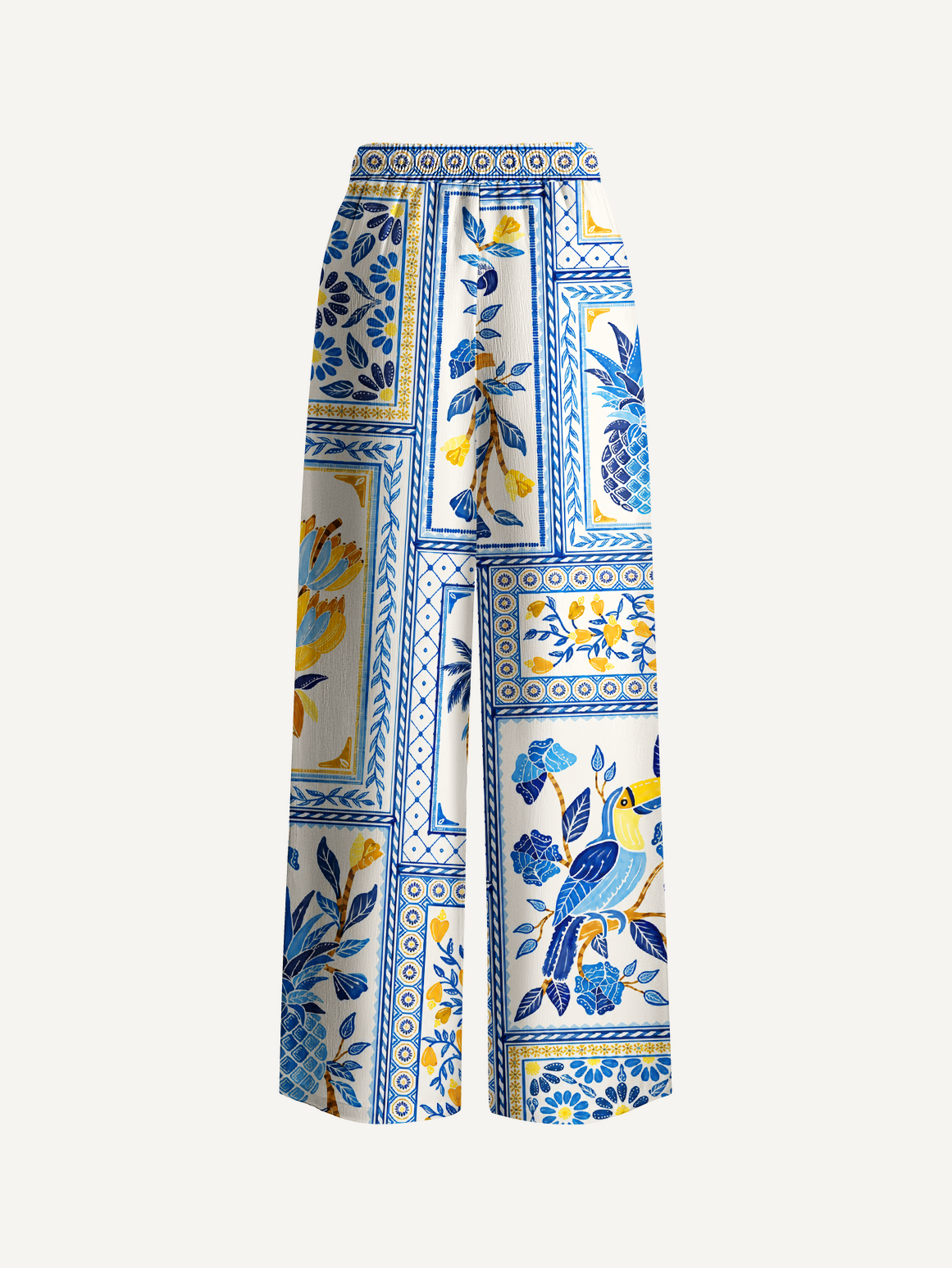 Blue Tropical Tile Wide Leg Tie Waist Pants With Pockets