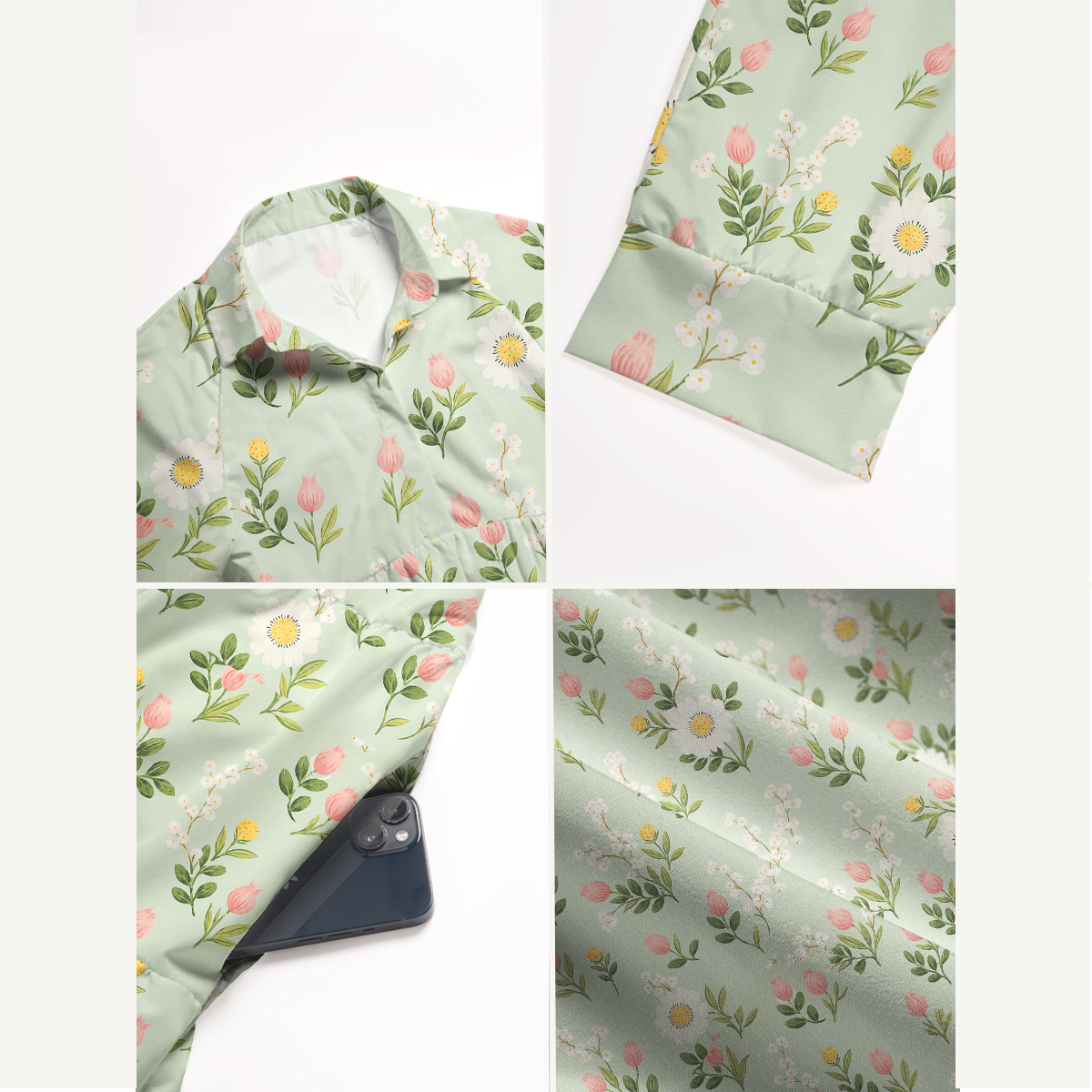 Sage Floral Meadow Elbow-Length Sleeve Midi Dress