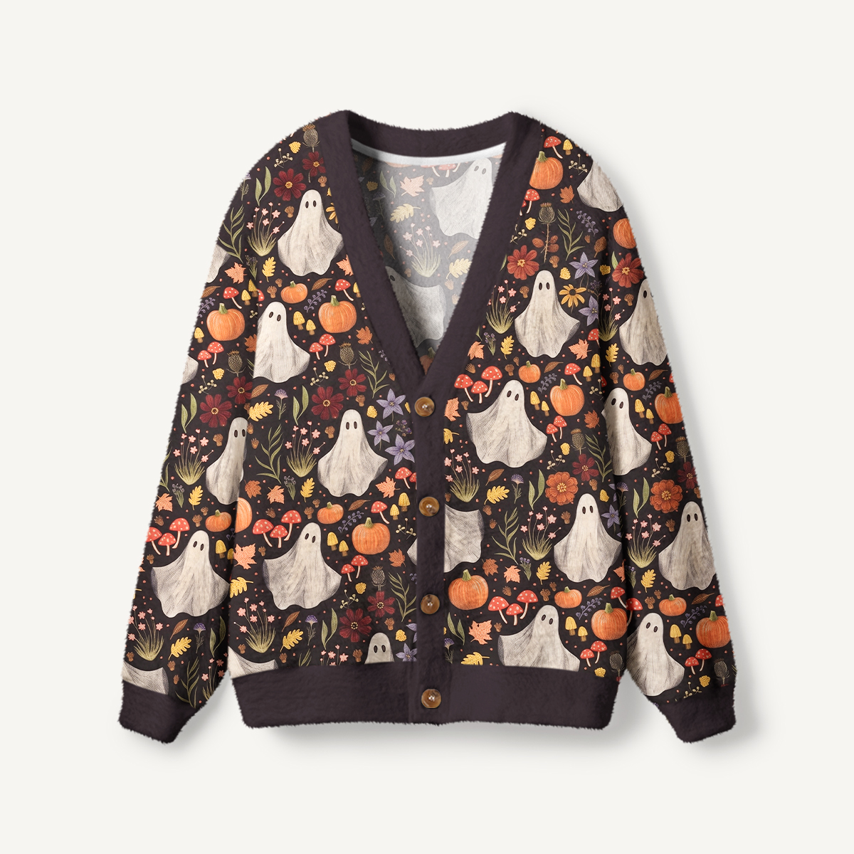 Midnight Pumpkin Ghost Garden Halloween Ugly Cardigan Sweaters