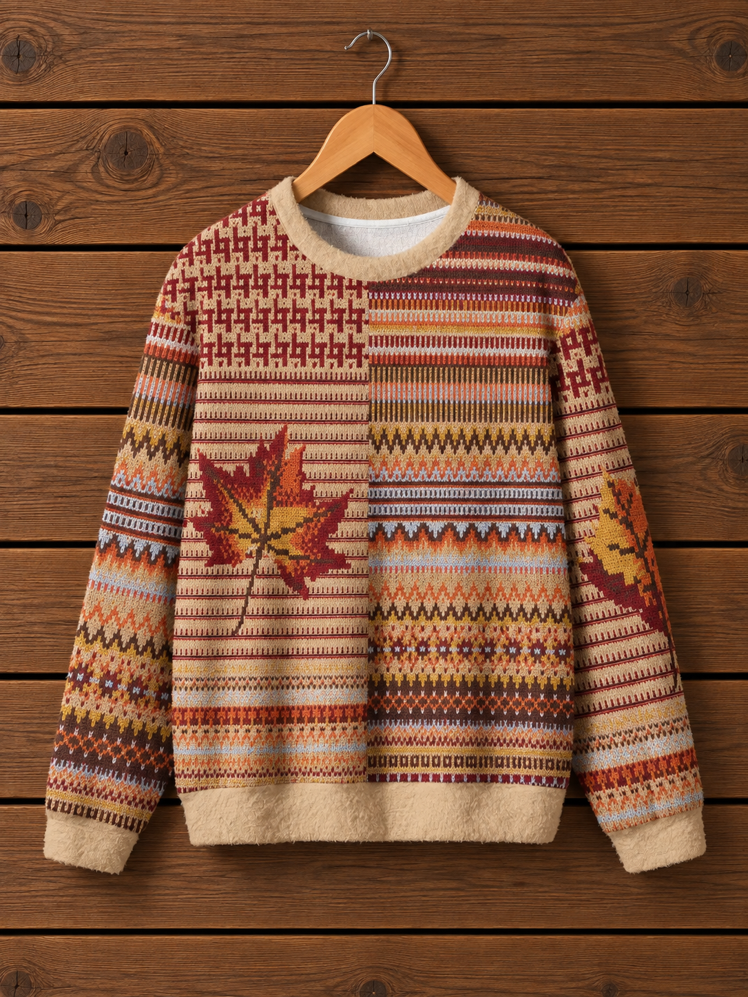 Autumn Maple Patchwork Pattern Crewneck Sweater