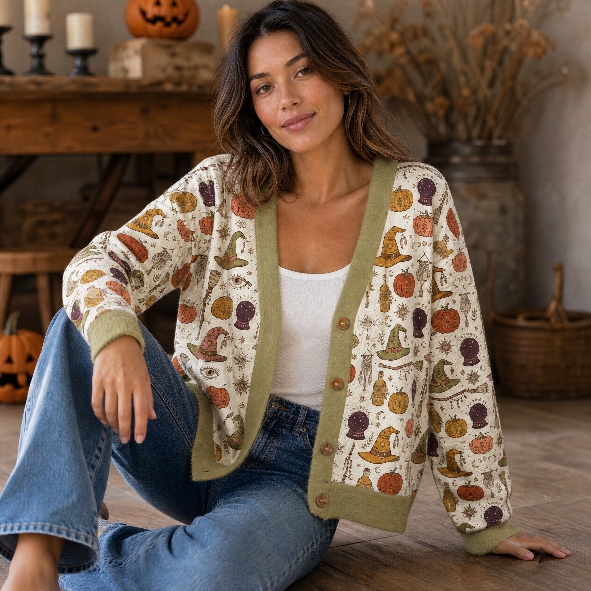 Boho Halloween Witchy Icons Pattern Buttons Women Cardigan Sweaters