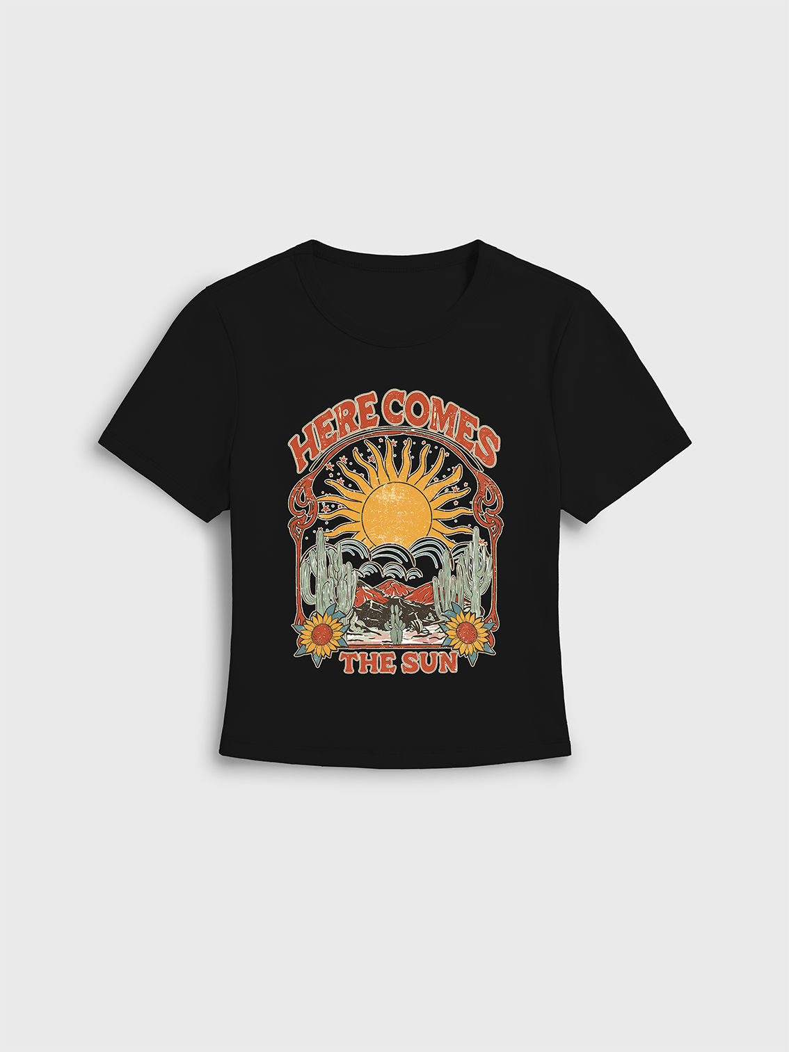 Western Sun & Cact Print Crew Neck Cotton Tee
