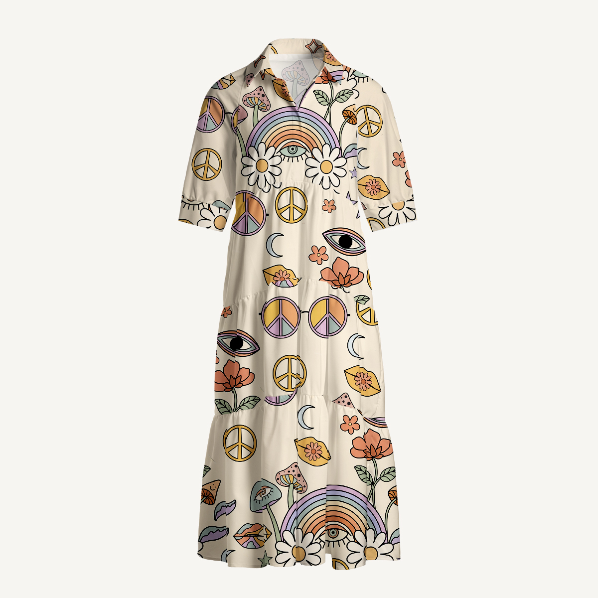 Groovy Hippie Floral Eye Elbow-Length Sleeve Summer Midi Dress