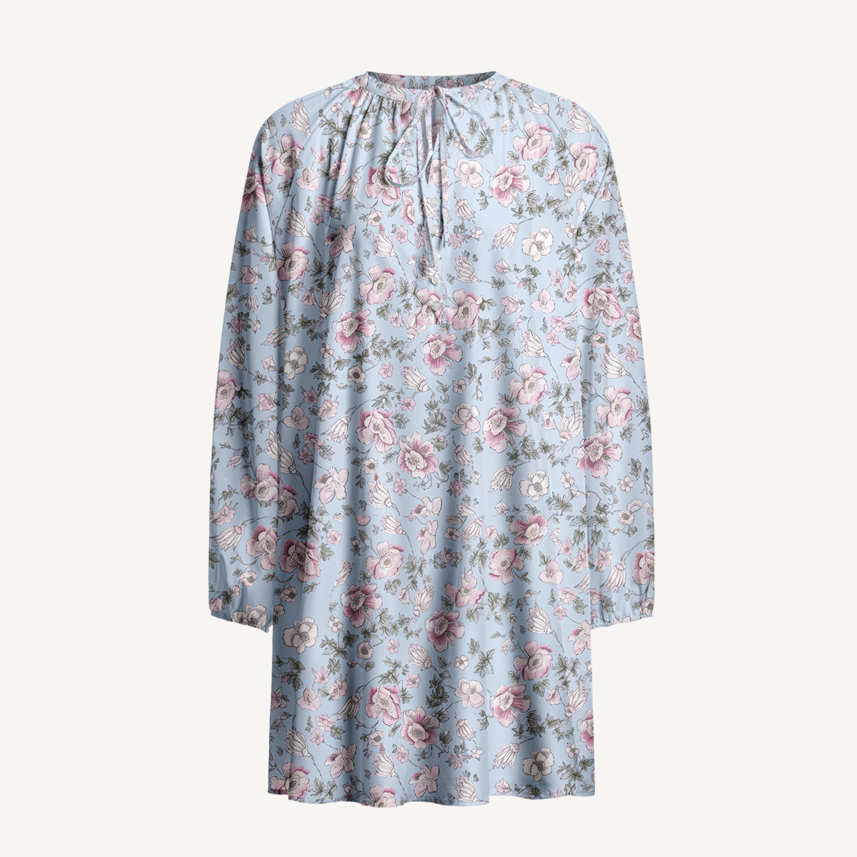 Blue Cherry Blossom Floral Tie‑Neck Long Sleeve Mini Dress