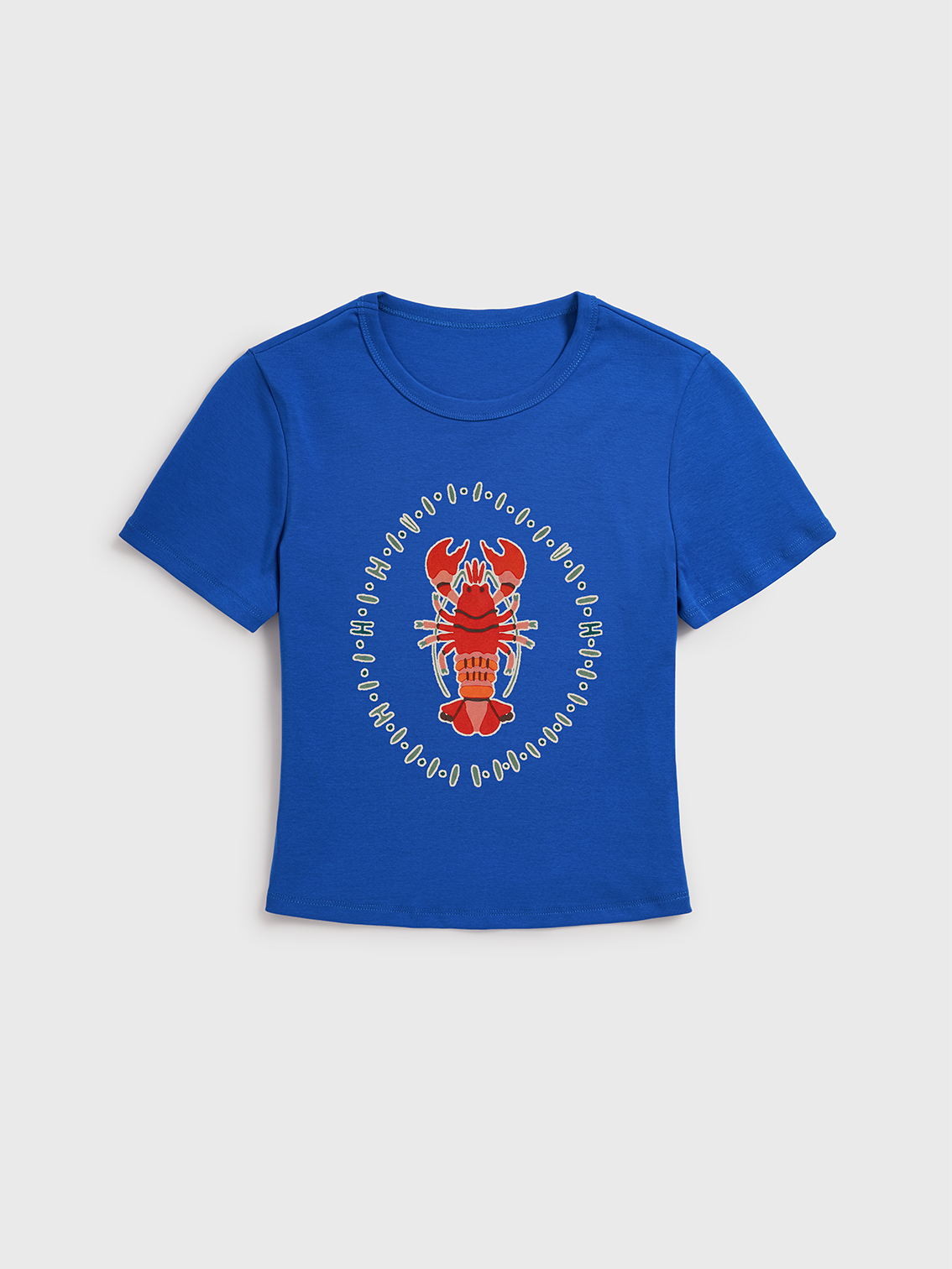 Tropical Lobster Patchwork Print Crew Neck Cotton Tee