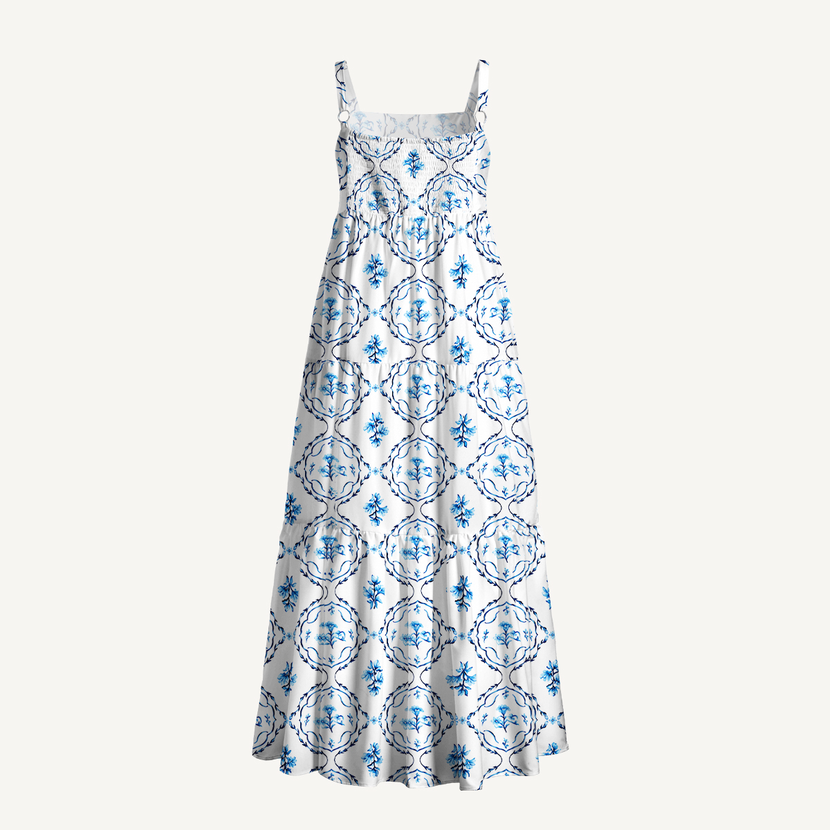 Blue Floral Medallion Print Strap Maxi Dress With Pockets